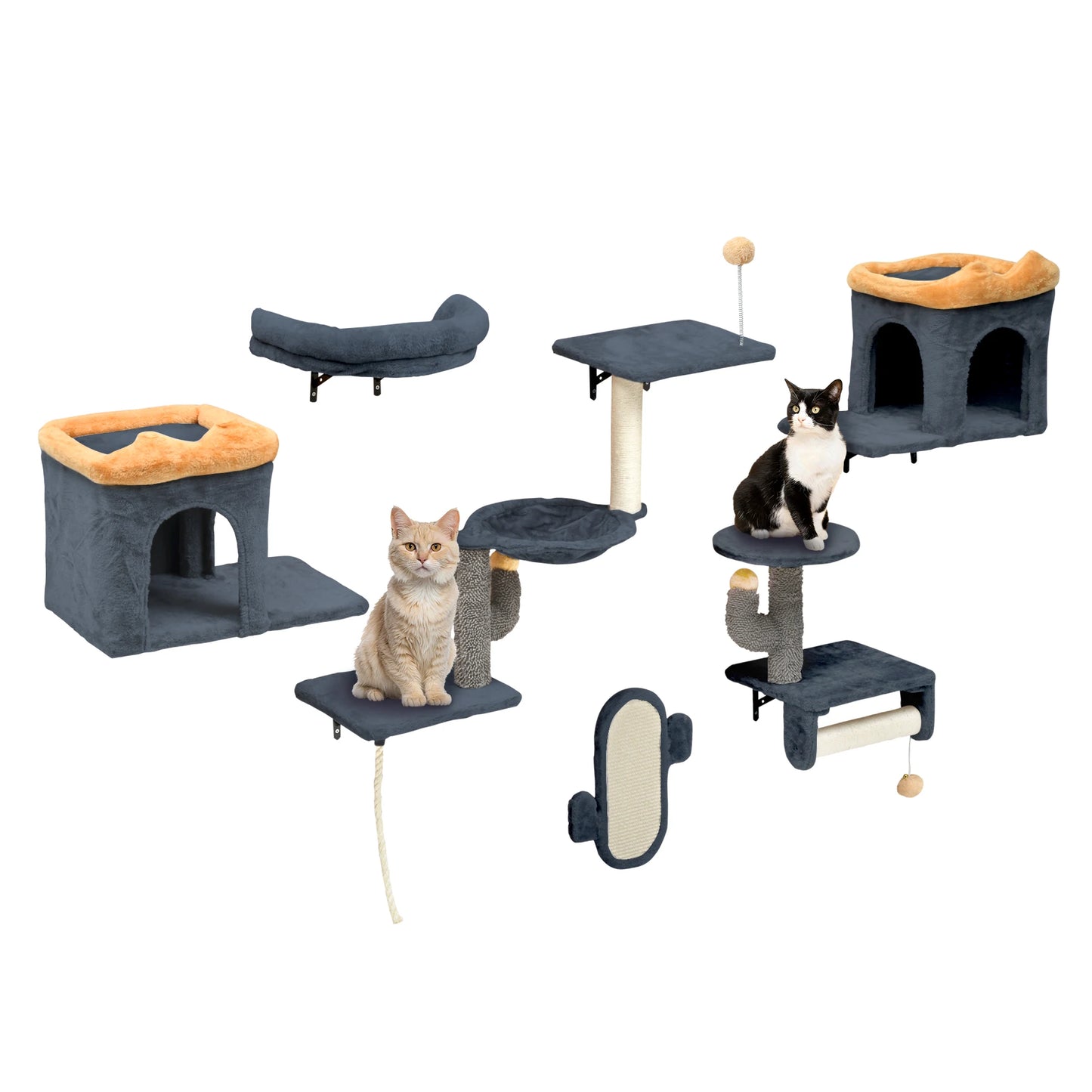 YITAHOME Dark Grey & Yellow 7-Piece Cat Climbing Set - Plush Towers with House, Hammock & Hanging Ball
