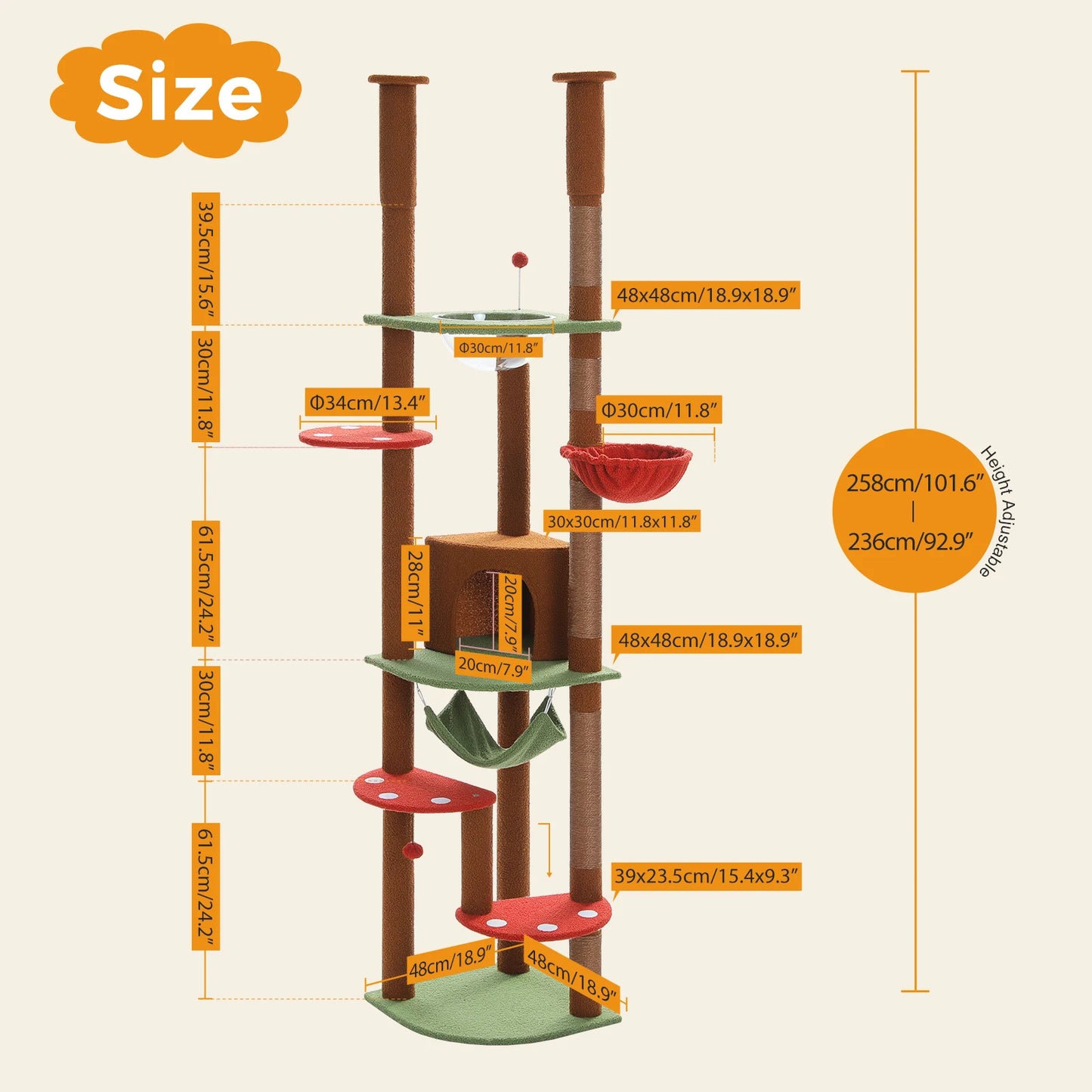 Floor to Ceiling Cat Tree with Sisal Scratching Posts Cozy Condo Hammock Adjustable Height Tall Cat Tower for Indoor Cat Toys