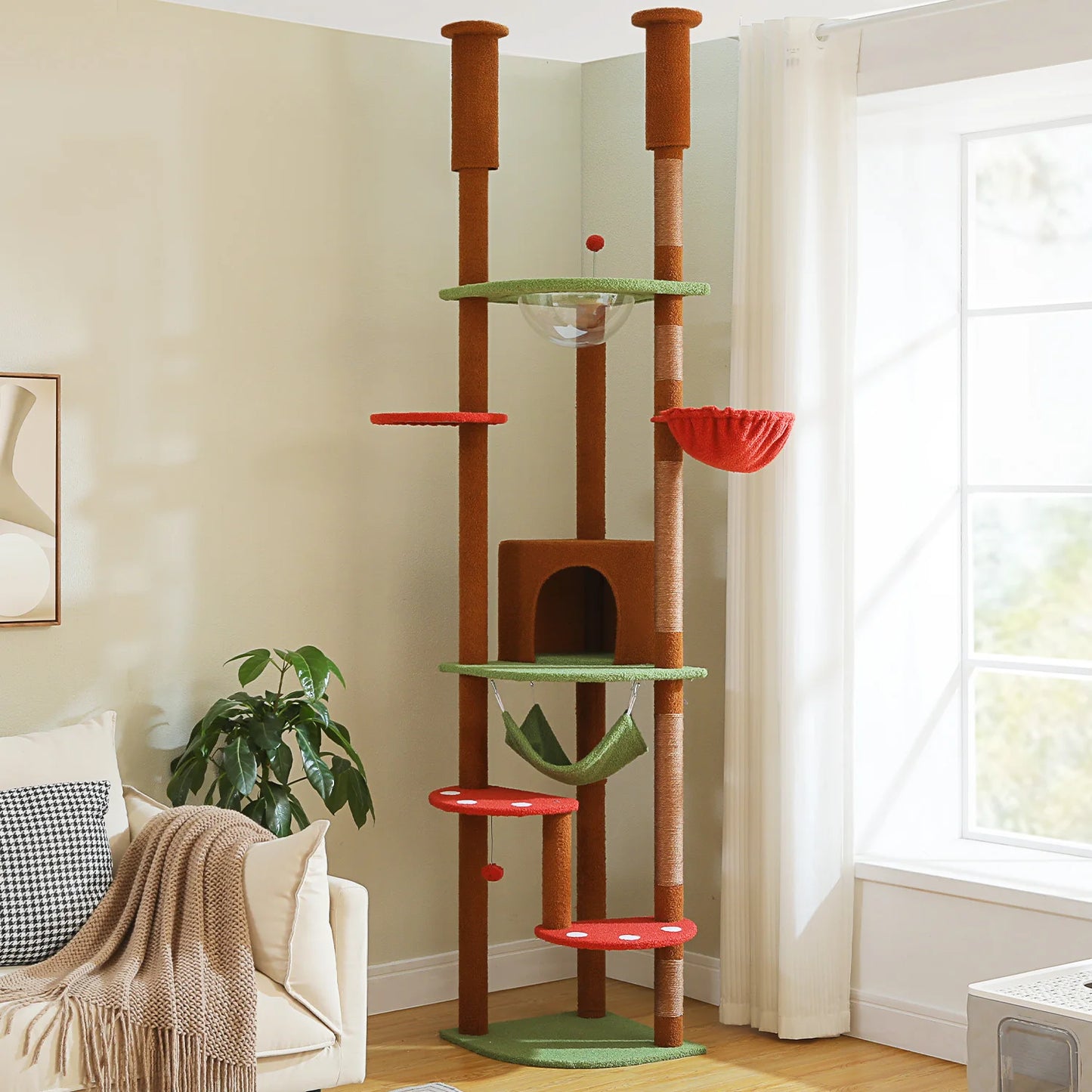 Floor to Ceiling Cat Tree with Sisal Scratching Posts Cozy Condo Hammock Adjustable Height Tall Cat Tower for Indoor Cat Toys