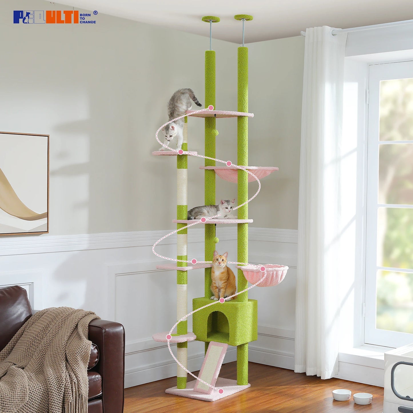 Floor to Ceiling Cat Tree with Sisal Scratching Posts Cozy Condo Hammock Adjustable Height Tall Cat Tower for Indoor Cat Toys