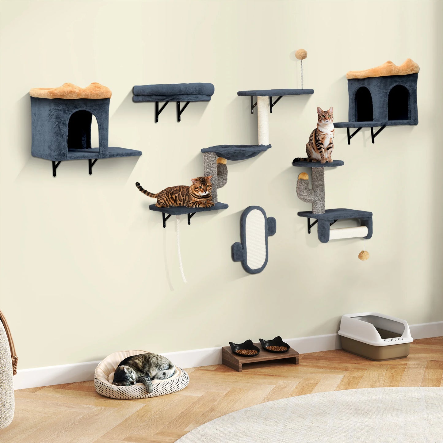 YITAHOME Dark Grey & Yellow 7-Piece Cat Climbing Set - Plush Towers with House, Hammock & Hanging Ball