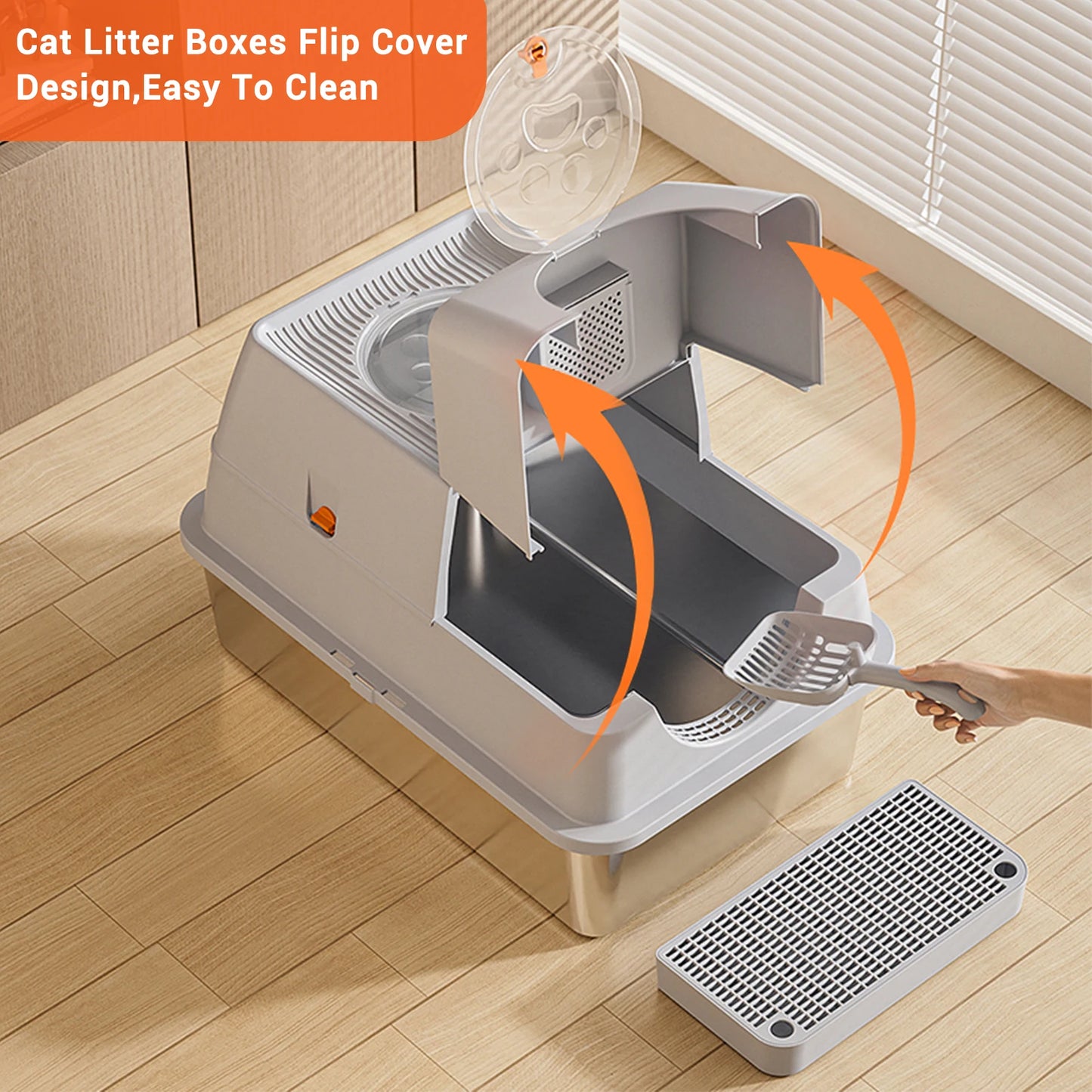 Enclosed Stainless Steel Cat Litter Box With Lid Front And Top Door Large Cat Toilet With Sand Filter Pedal & Litter Scoop