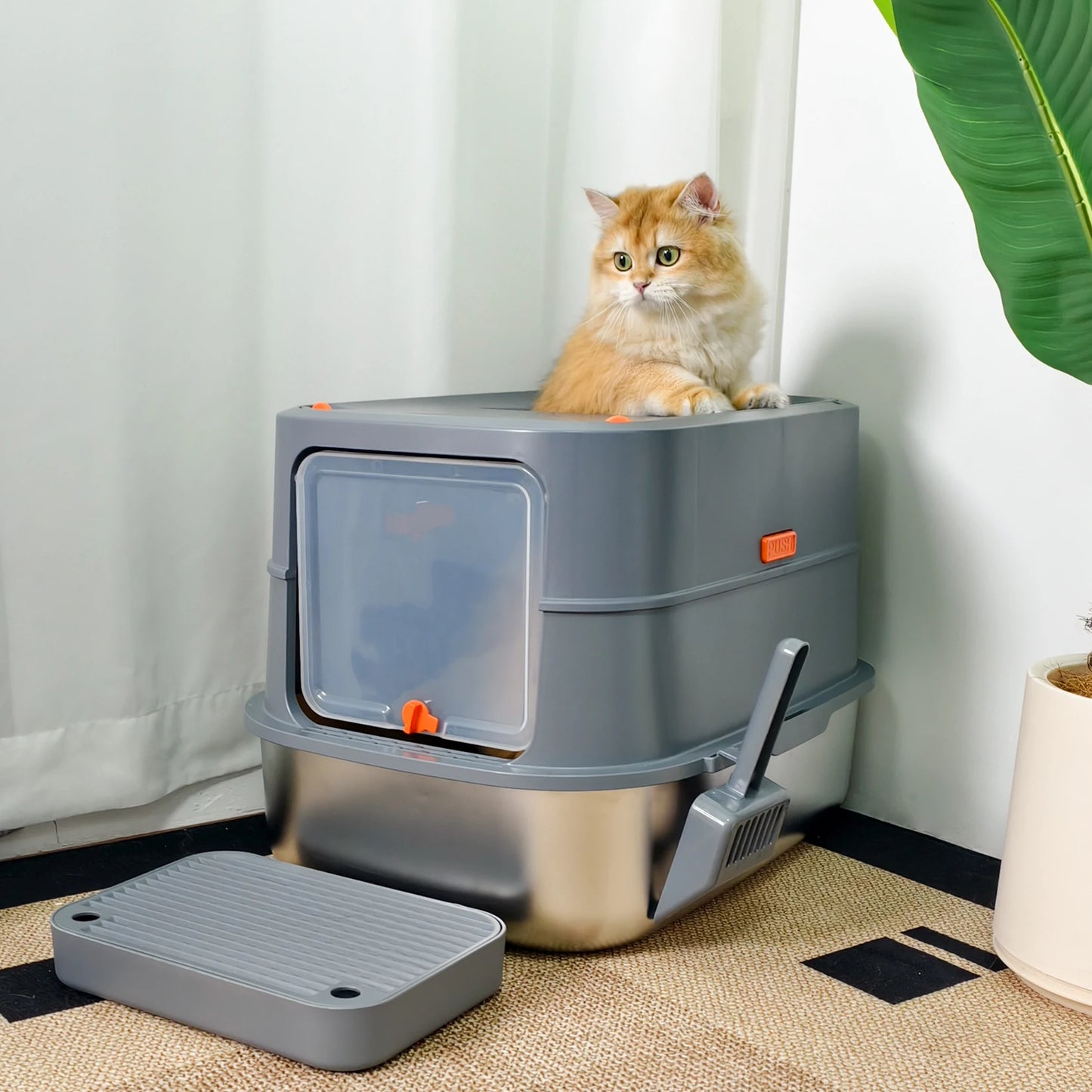 Enclosed Stainless Steel Cat Litter Box with Lid Extra Large for Big Cats Kitty Metal Litter Pan Tray High Wall Sides