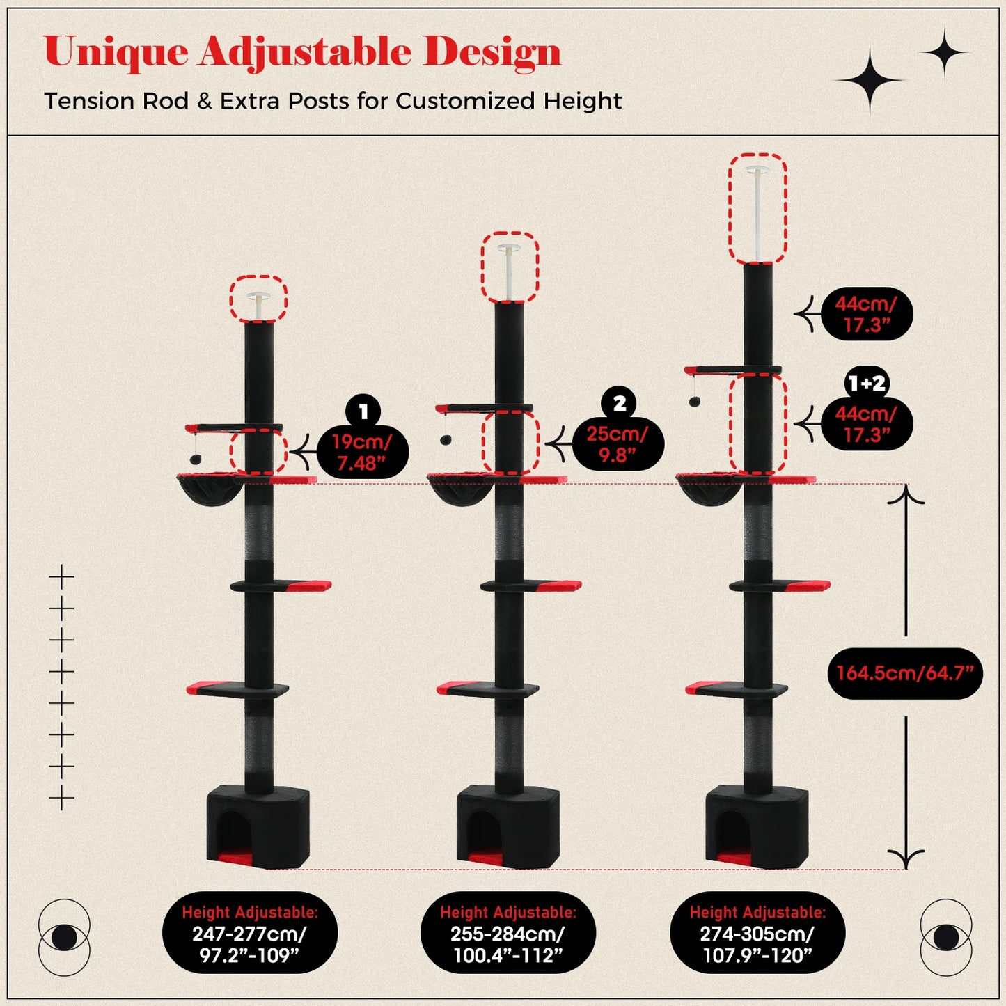 Adjustable Height Cat Tree for Indoor, Floor to Ceiling Cat Tower with Scratching Posts, Cat Condo, Hammock and Dangling Balls