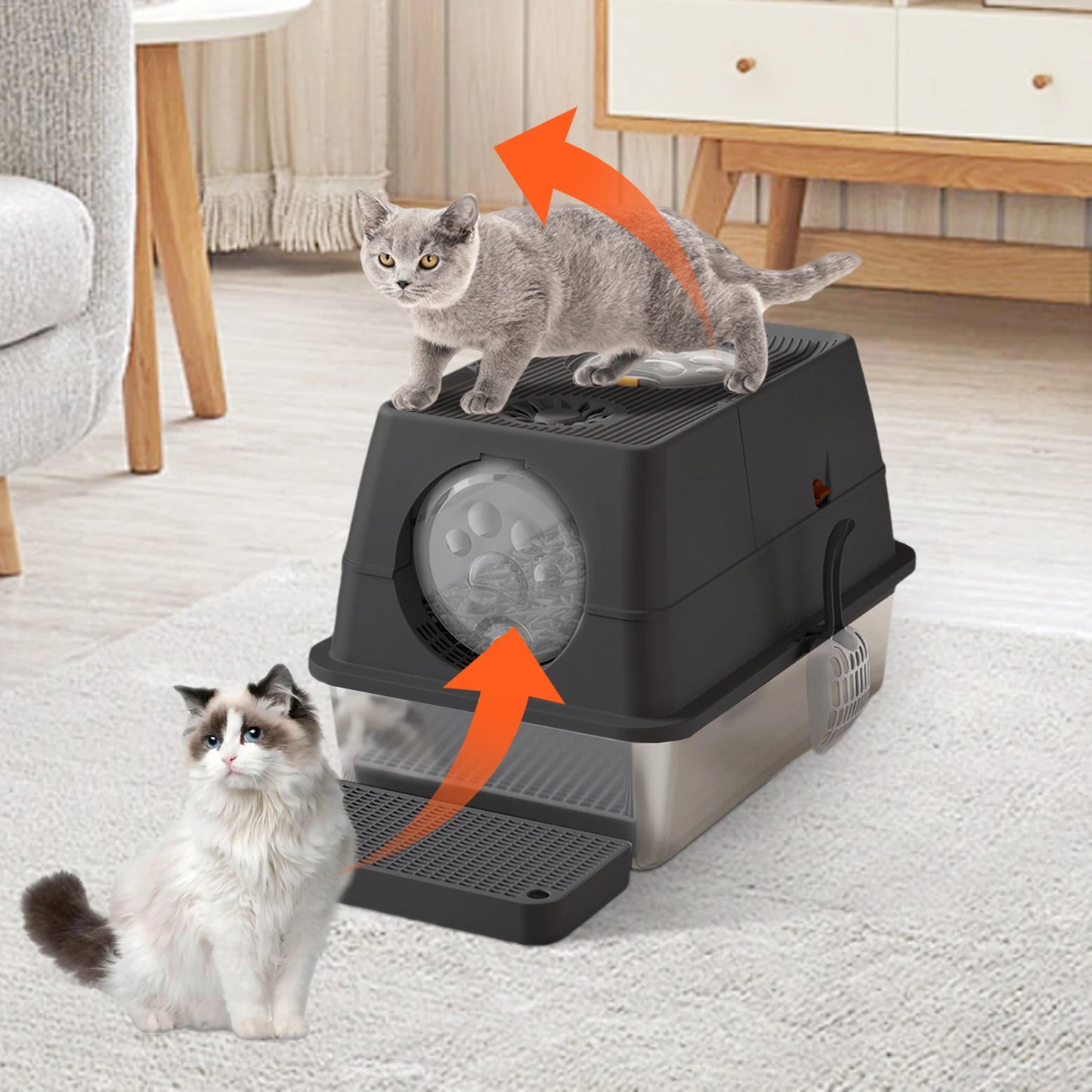 Enclosed Stainless Steel Cat Litter Box With Lid Front And Top Door Large Cat Toilet With Sand Filter Pedal & Litter Scoop