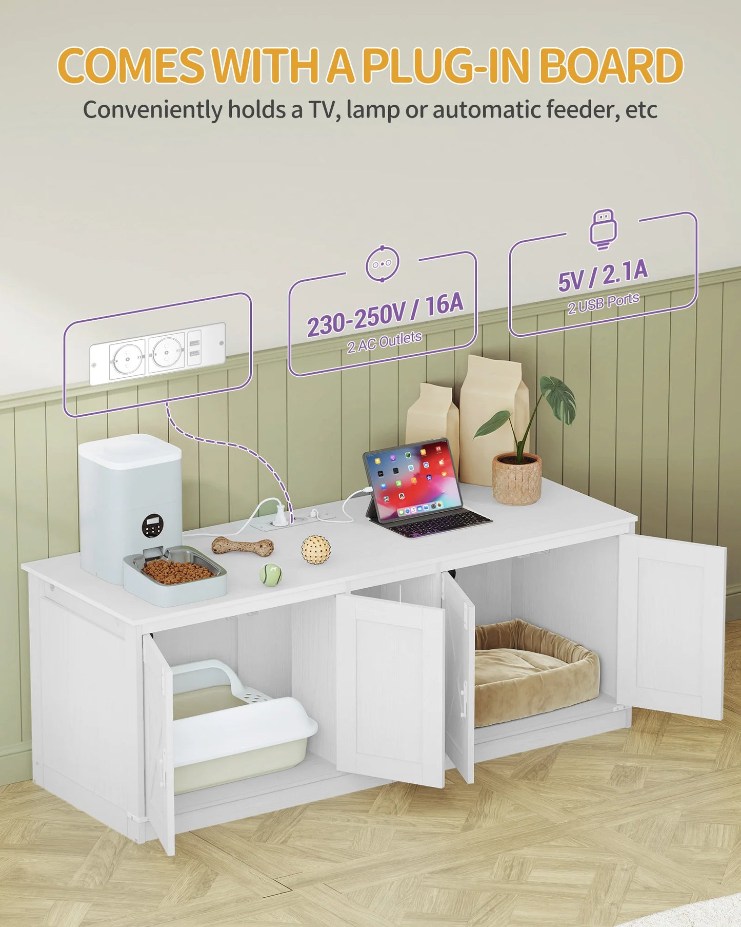 Hzuaneri Cat Cabinet with USB Ports and Sockets, Cat  Box  Hidden Cat Litter Tray for 2 Cats, Indoor Cat House with Cat Bell