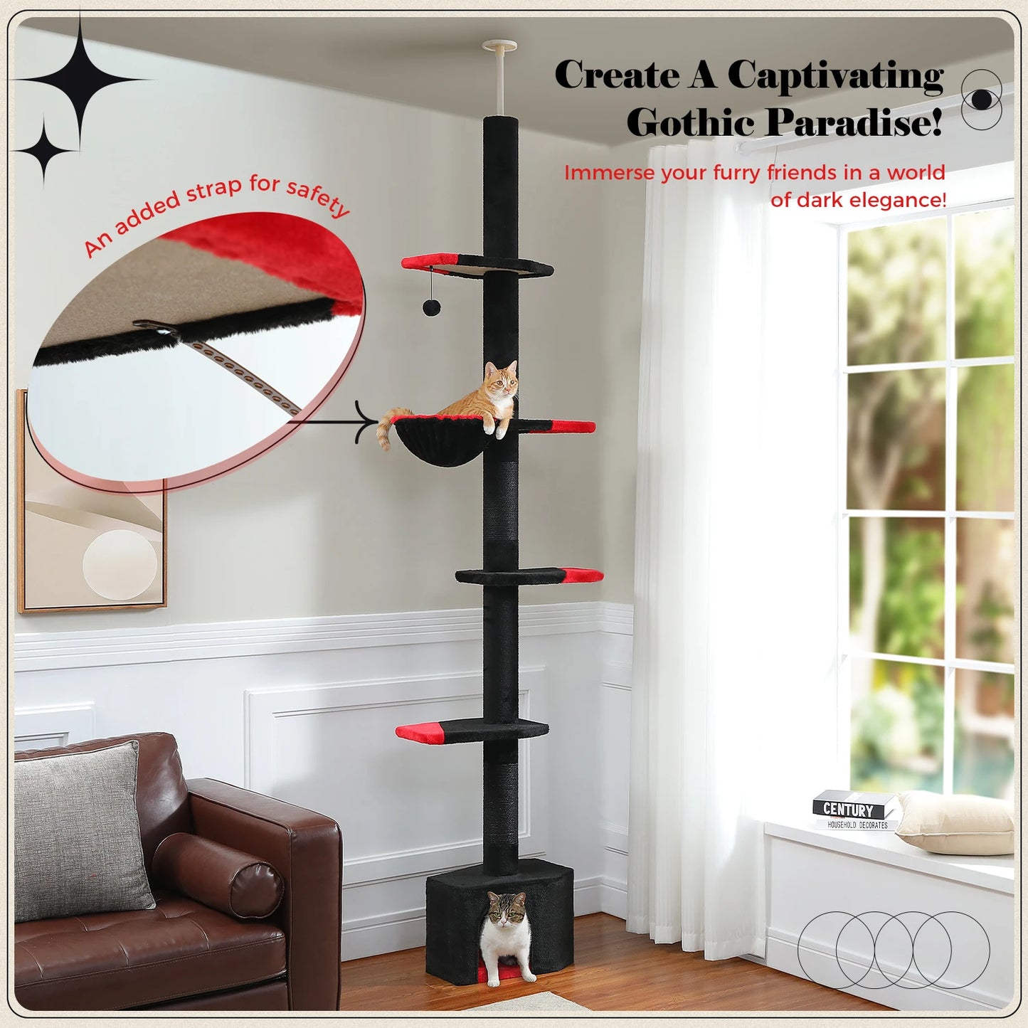 Adjustable Height Cat Tree for Indoor, Floor to Ceiling Cat Tower with Scratching Posts, Cat Condo, Hammock and Dangling Balls