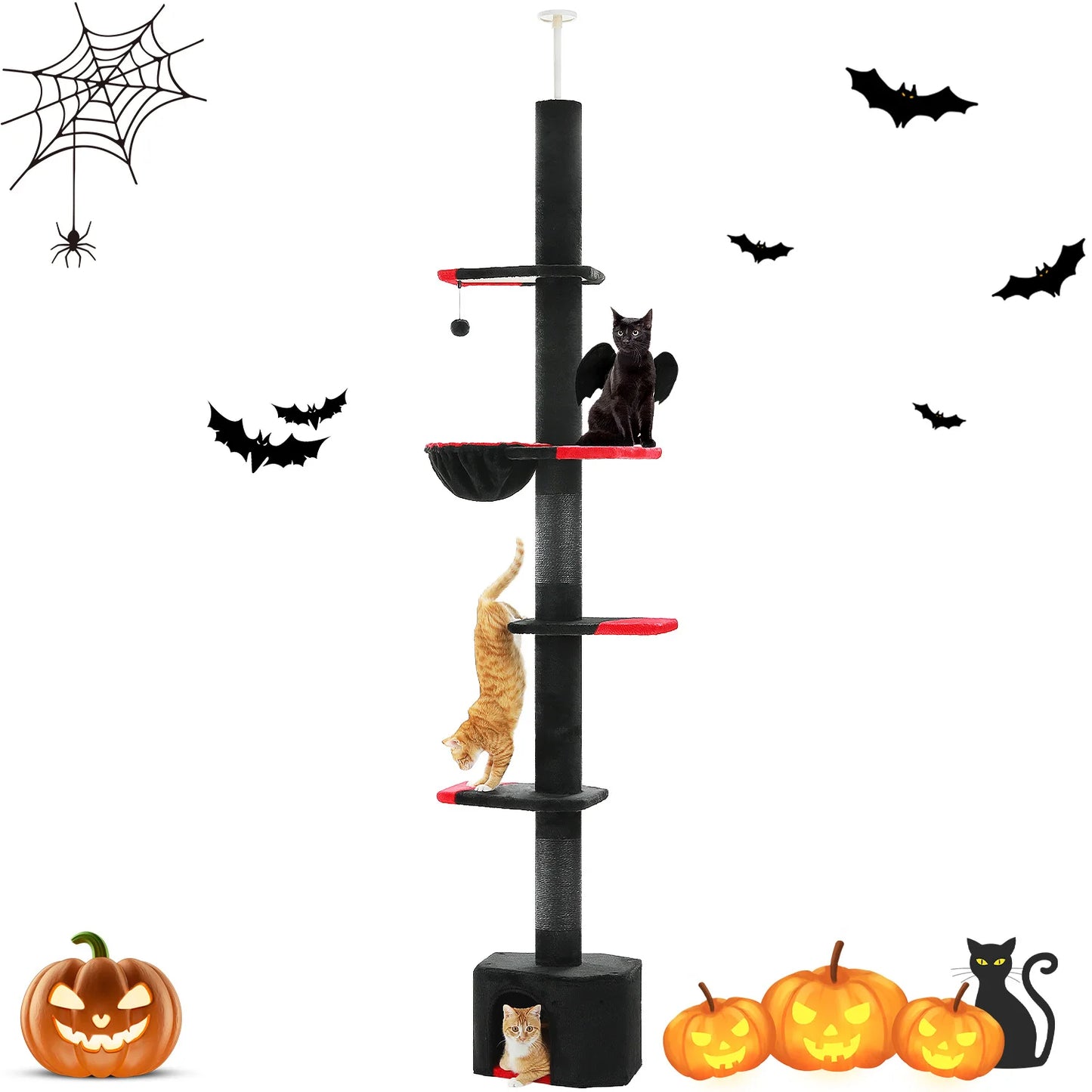 Adjustable Height Cat Tree for Indoor, Floor to Ceiling Cat Tower with Scratching Posts, Cat Condo, Hammock and Dangling Balls