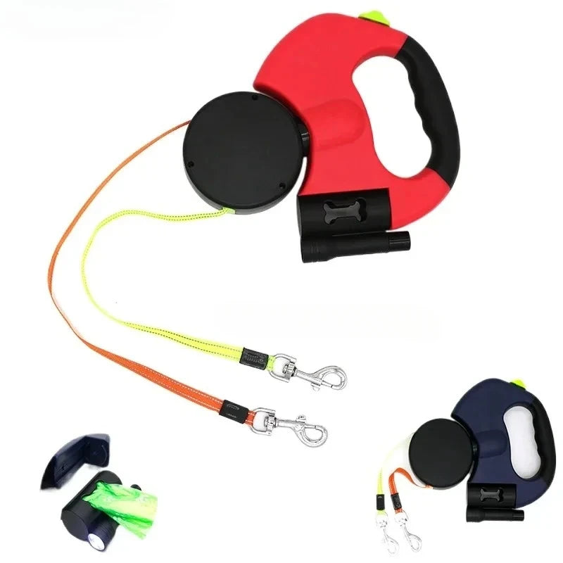 Dual Dog Rope Leash with Light Retractable Double Pet Traction Rope Belt Portable Rotation Pet Rope Supply for 2 Dogs Walking