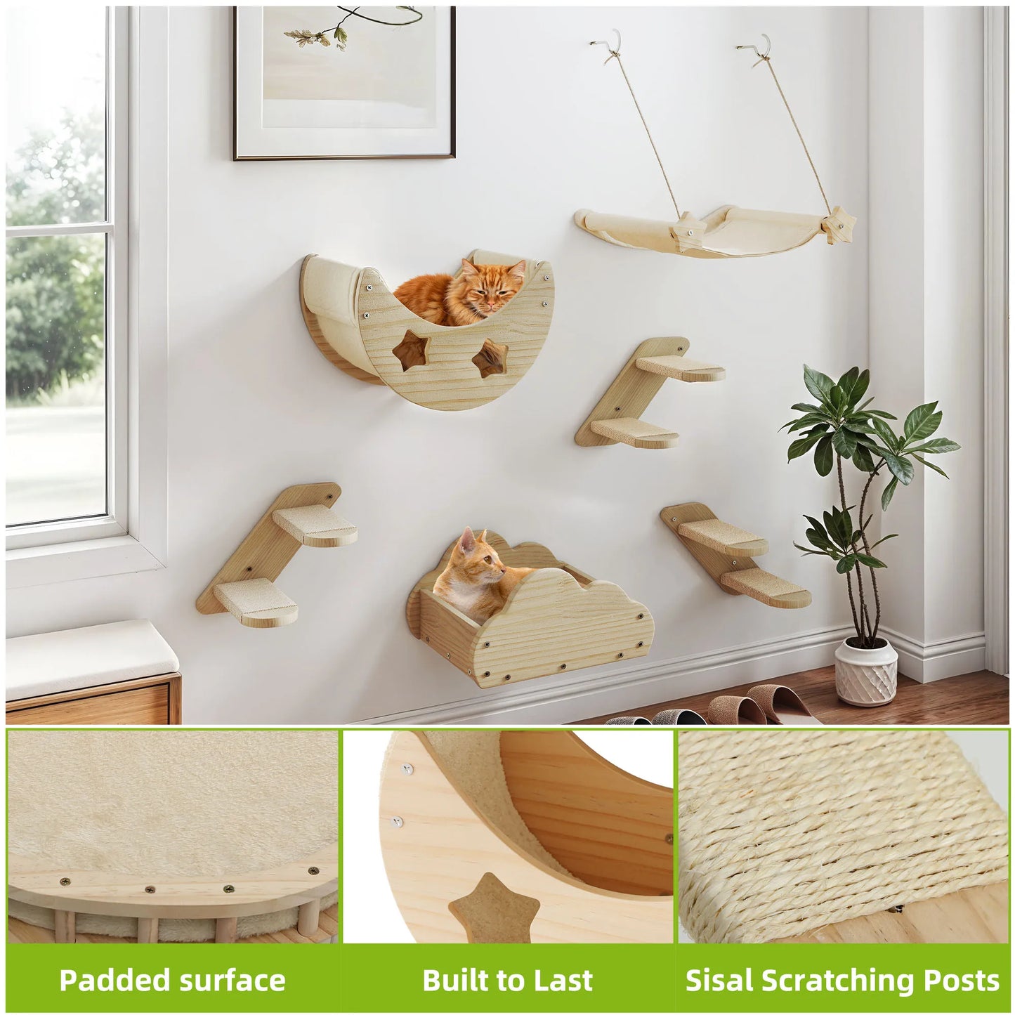 YITAHOME 6-Piece Solid Wood Cat Climbing Wall - 3 Stairs, 2 Beds & Flannel Hammock for Play/Sleep/Lounge