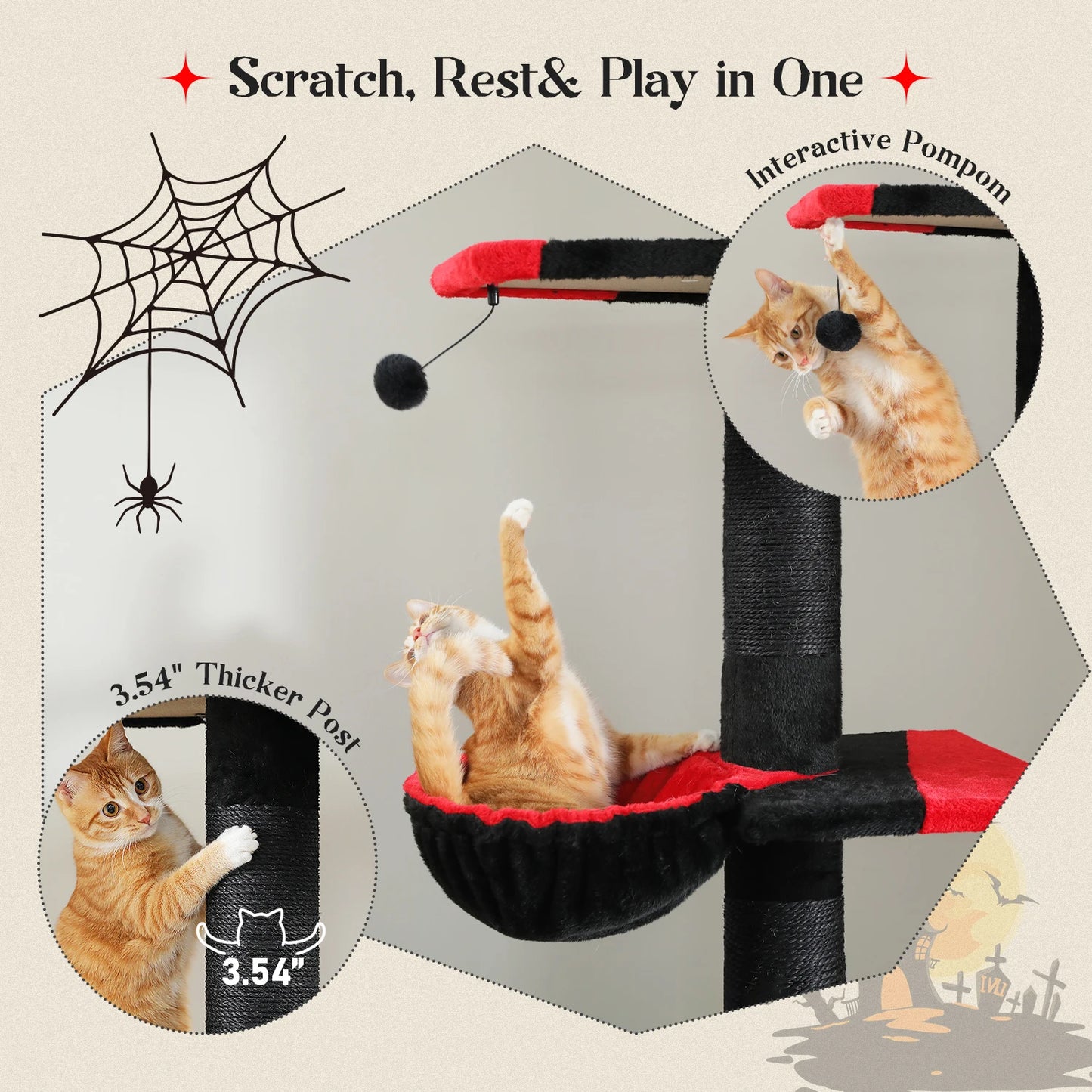 Adjustable Height Cat Tree for Indoor, Floor to Ceiling Cat Tower with Scratching Posts, Cat Condo, Hammock and Dangling Balls