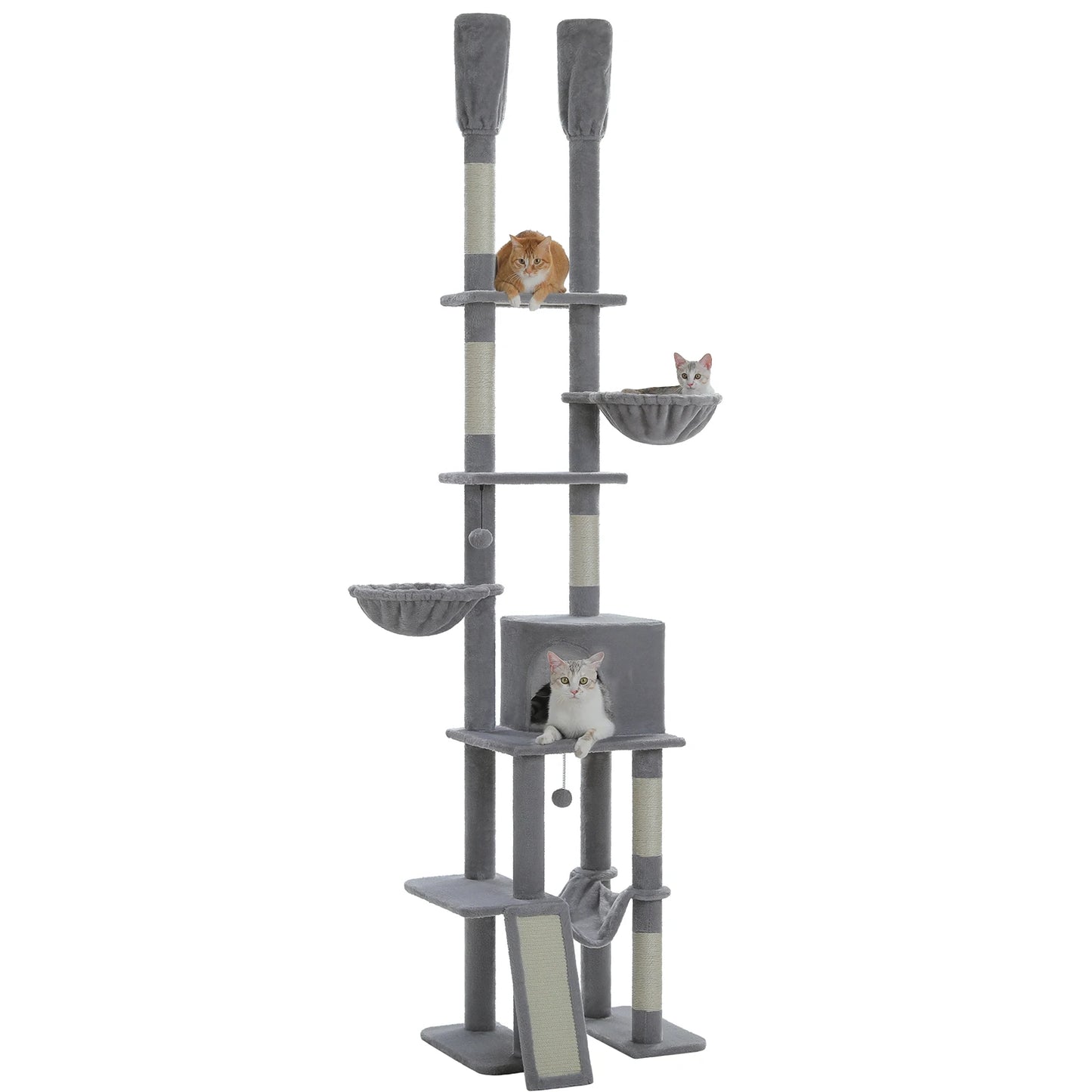 Floor to Ceiling Cat Tree with Sisal Scratching Posts Cozy Condo Hammock Adjustable Height Tall Cat Tower for Indoor Cat Toys