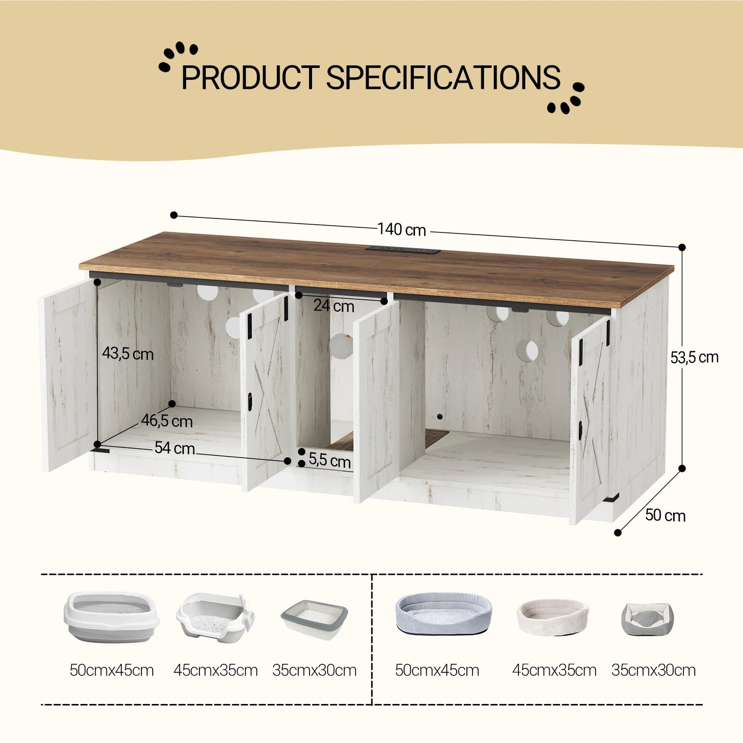 Hzuaneri Cat Cabinet with USB Ports and Sockets, Cat  Box  Hidden Cat Litter Tray for 2 Cats, Indoor Cat House with Cat Bell