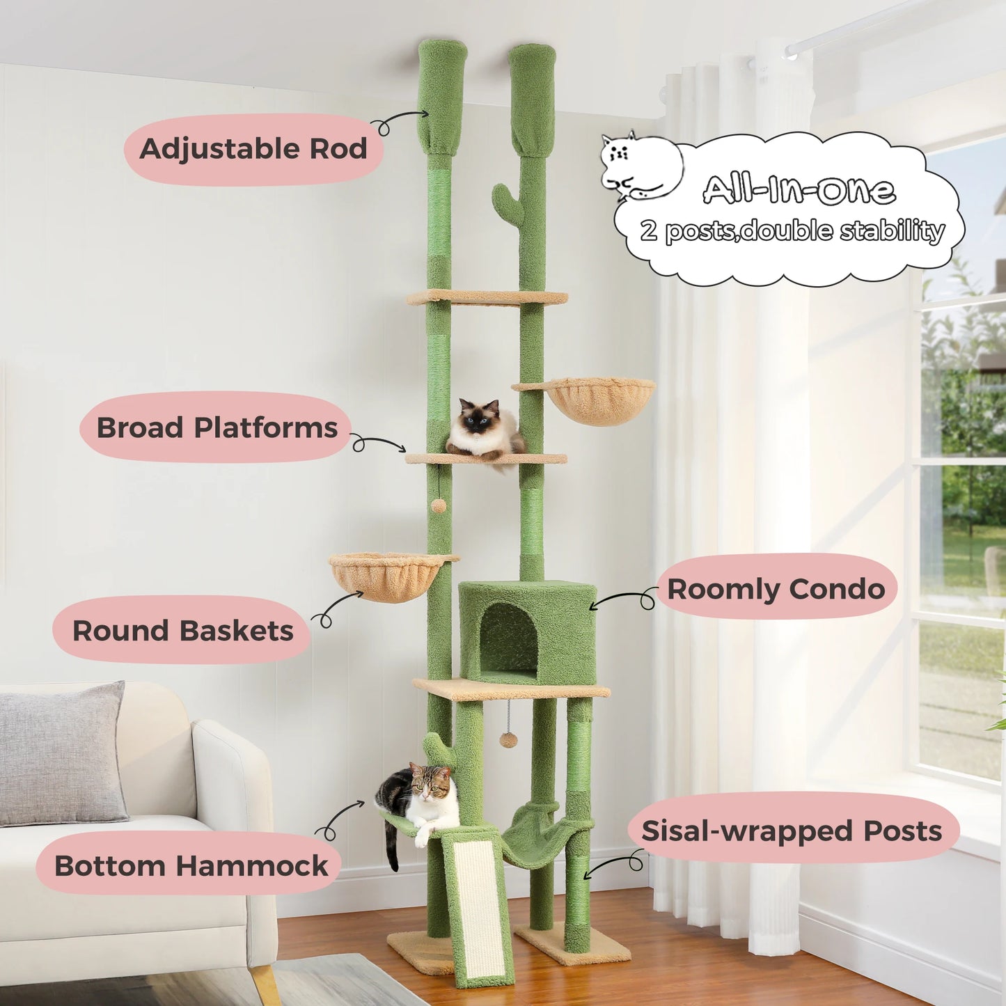 Floor to Ceiling Cat Tree with Sisal Scratching Posts Cozy Condo Hammock Adjustable Height Tall Cat Tower for Indoor Cat Toys