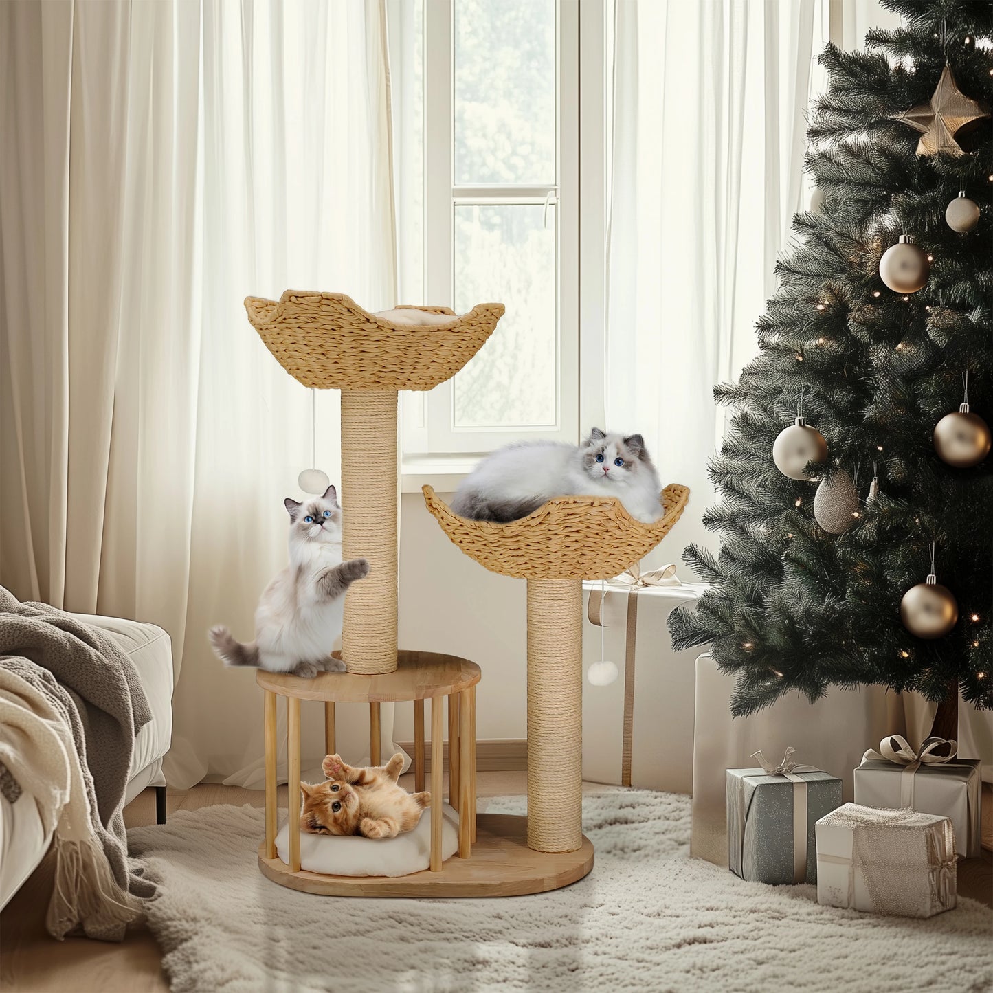 3-Tier Cat Tree Padded Plush Napping Perches Kitten Condo Sisal Rope Scratching Posts and Hanging Toy Tower for Indoor Kitties