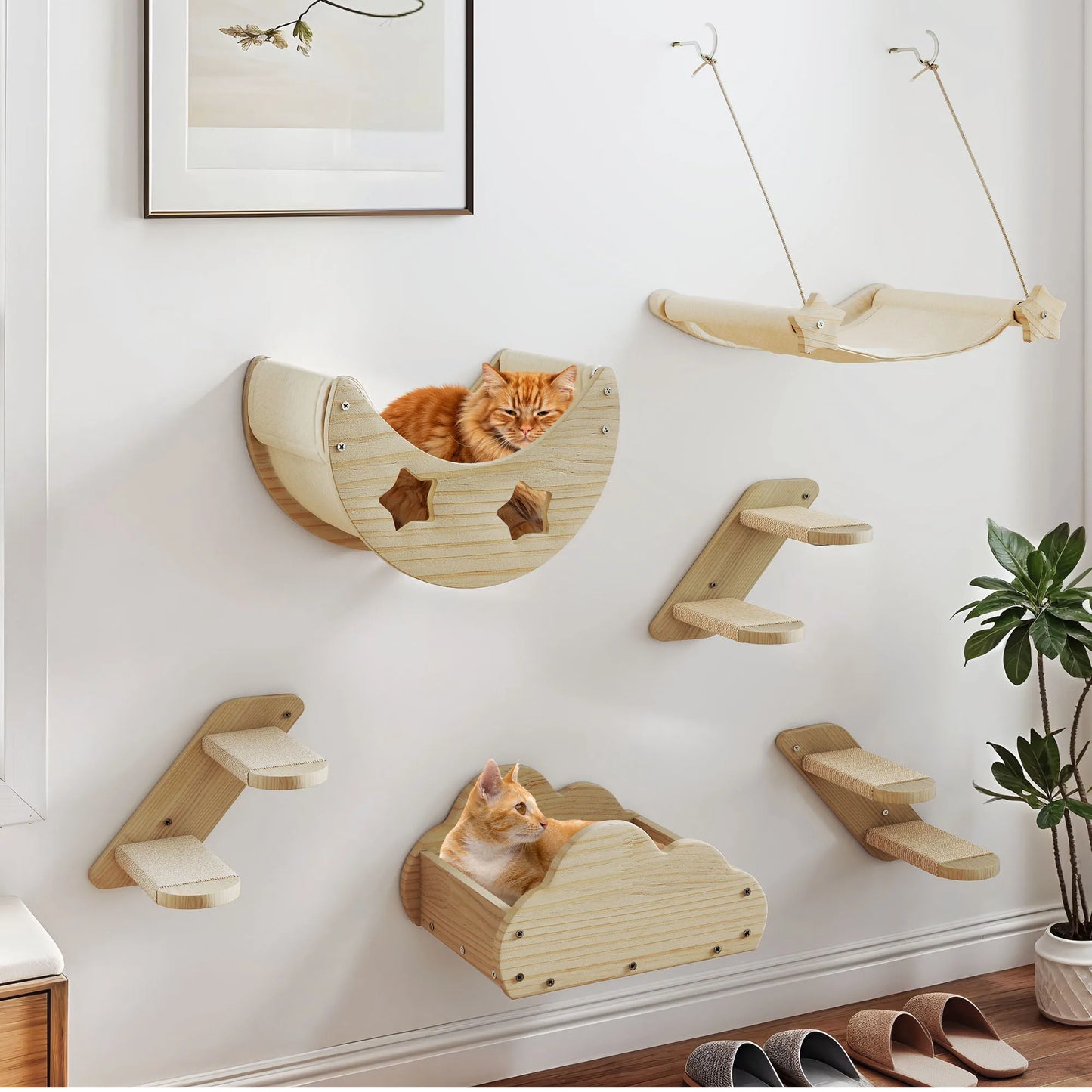 YITAHOME 6-Piece Solid Wood Cat Climbing Wall - 3 Stairs, 2 Beds & Flannel Hammock for Play/Sleep/Lounge