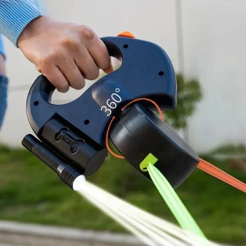 Dual Dog Rope Leash with Light Retractable Double Pet Traction Rope Belt Portable Rotation Pet Rope Supply for 2 Dogs Walking