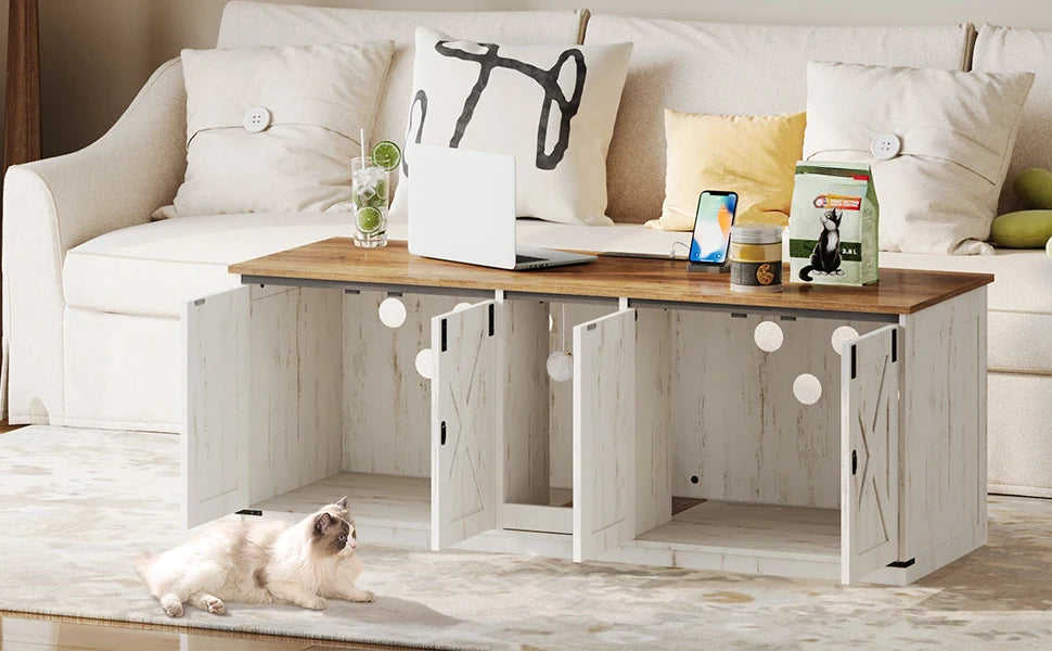 Hzuaneri Cat Cabinet with USB Ports and Sockets, Cat  Box  Hidden Cat Litter Tray for 2 Cats, Indoor Cat House with Cat Bell