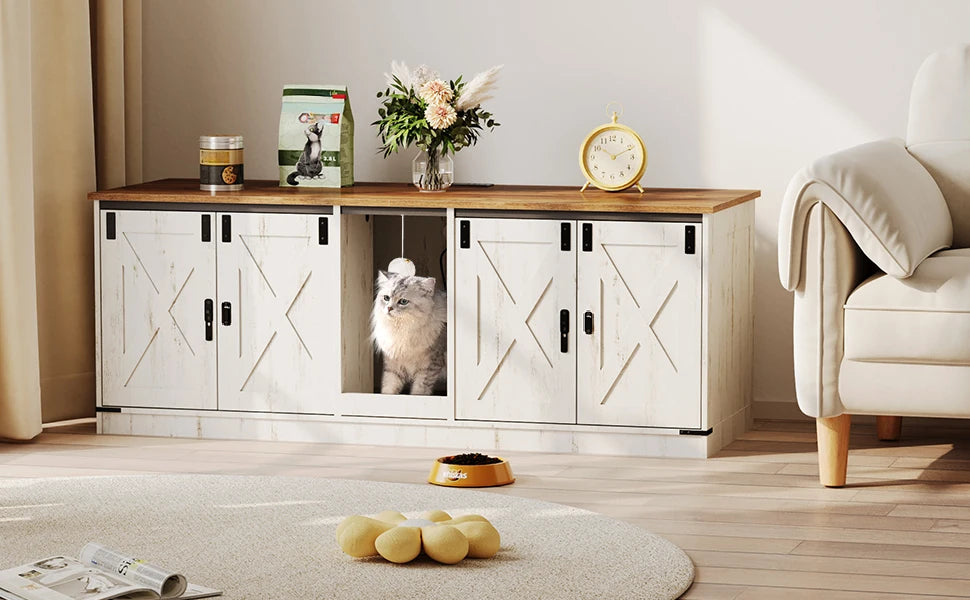 Hzuaneri Cat Cabinet with USB Ports and Sockets, Cat  Box  Hidden Cat Litter Tray for 2 Cats, Indoor Cat House with Cat Bell