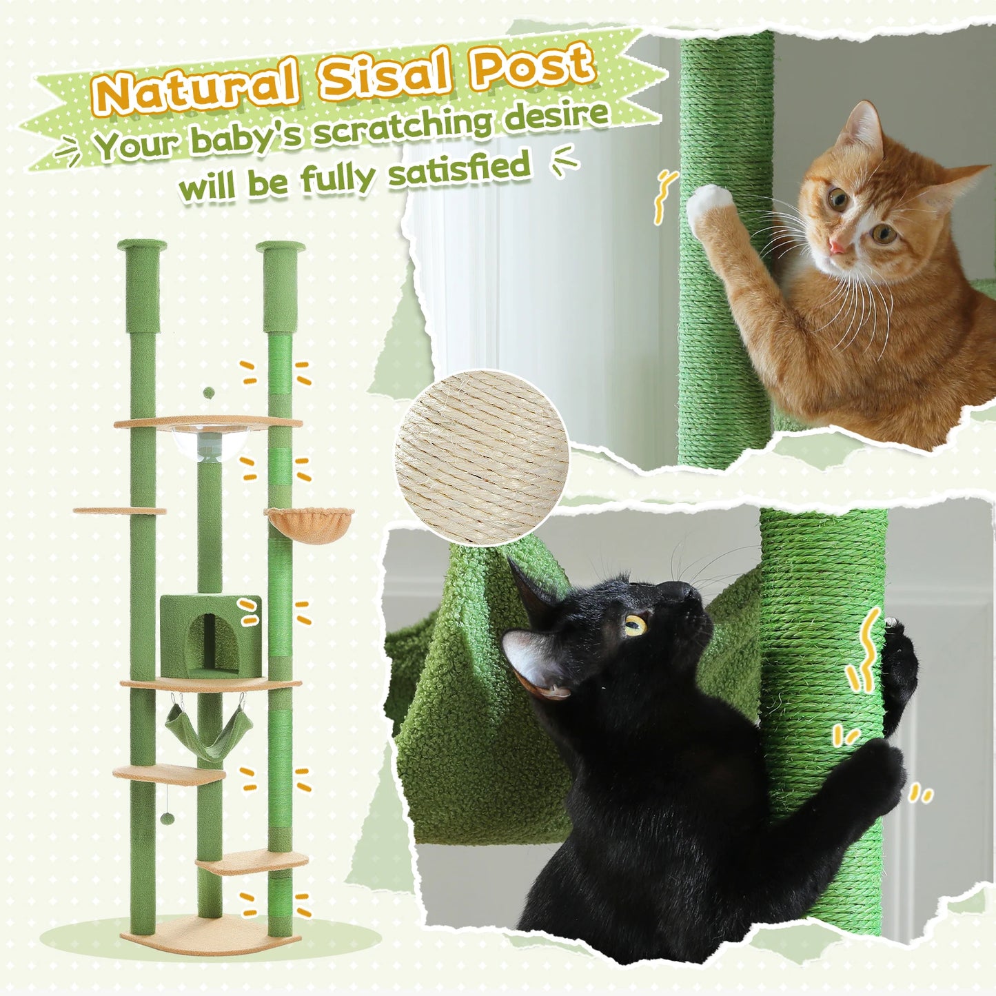 Floor to Ceiling Cat Tree with Sisal Scratching Posts Cozy Condo Hammock Adjustable Height Tall Cat Tower for Indoor Cat Toys