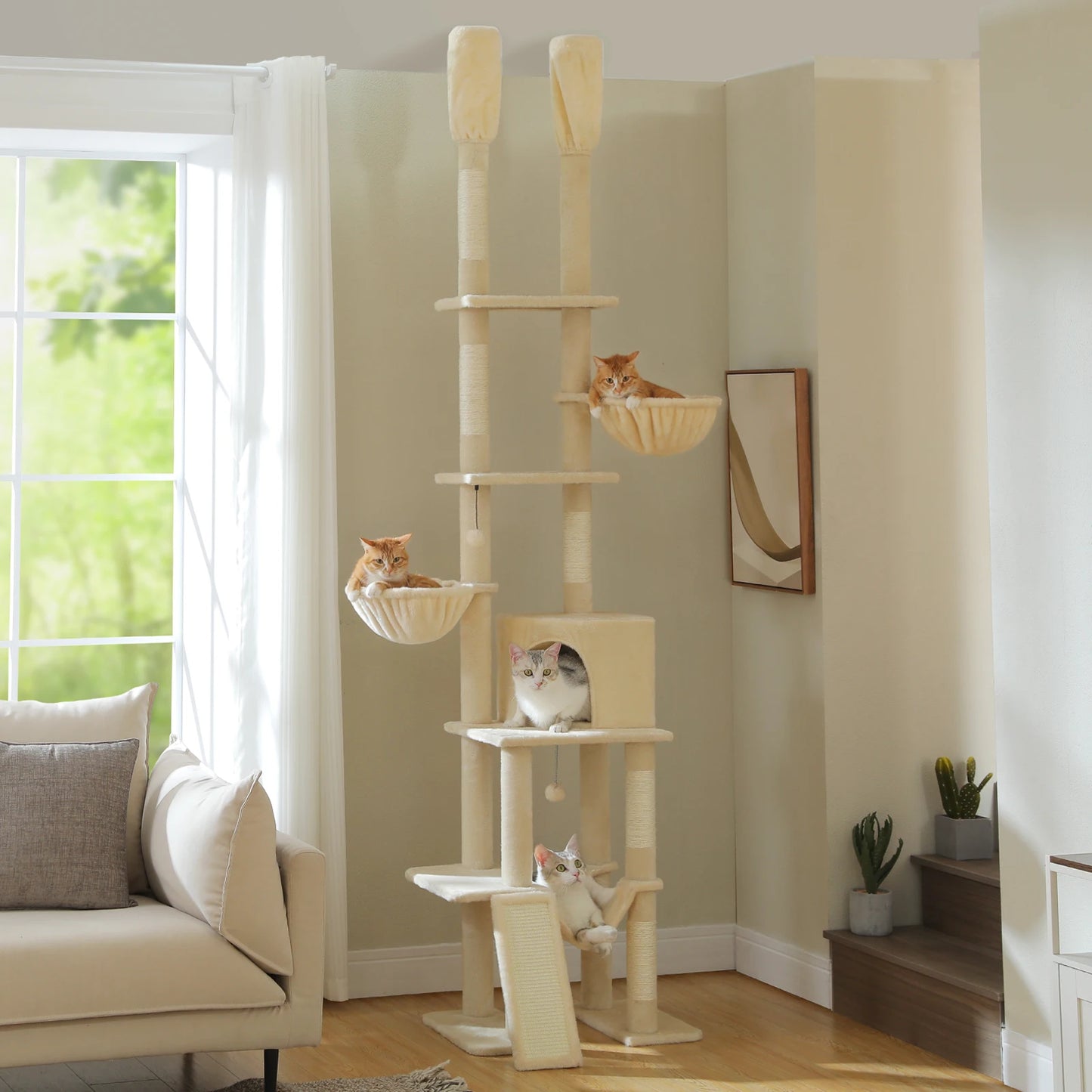Floor to Ceiling Cat Tree with Sisal Scratching Posts Cozy Condo Hammock Adjustable Height Tall Cat Tower for Indoor Cat Toys