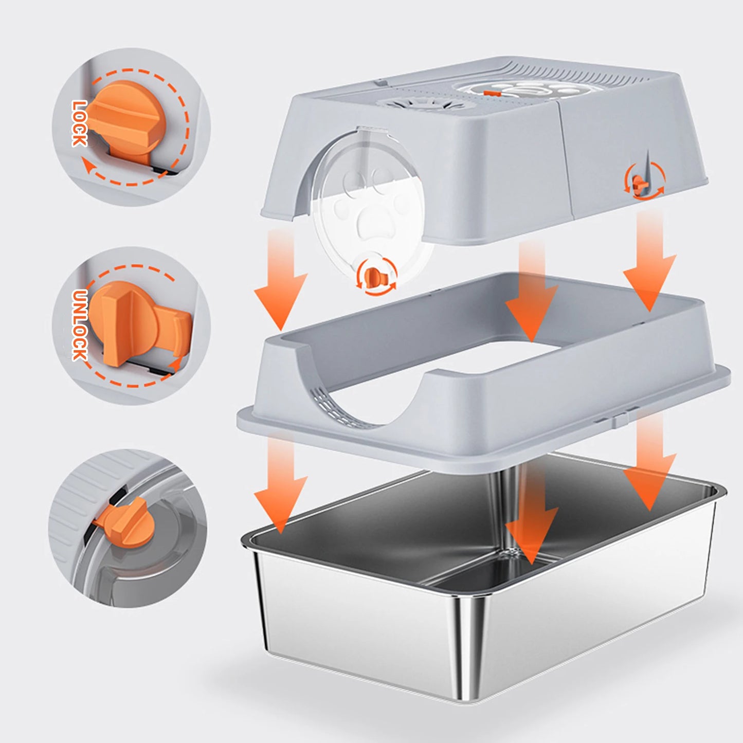 Enclosed Stainless Steel Cat Litter Box With Lid Front And Top Door Large Cat Toilet With Sand Filter Pedal & Litter Scoop