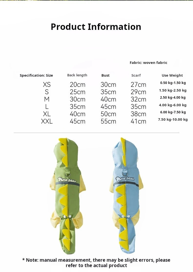 Summer Outdoor Dog Pet Raincoat Four Leg Full Pack Dinosaur Style Package Tail Hoodie Waterproof Jacket Raincoat Dog Cat Clothin
