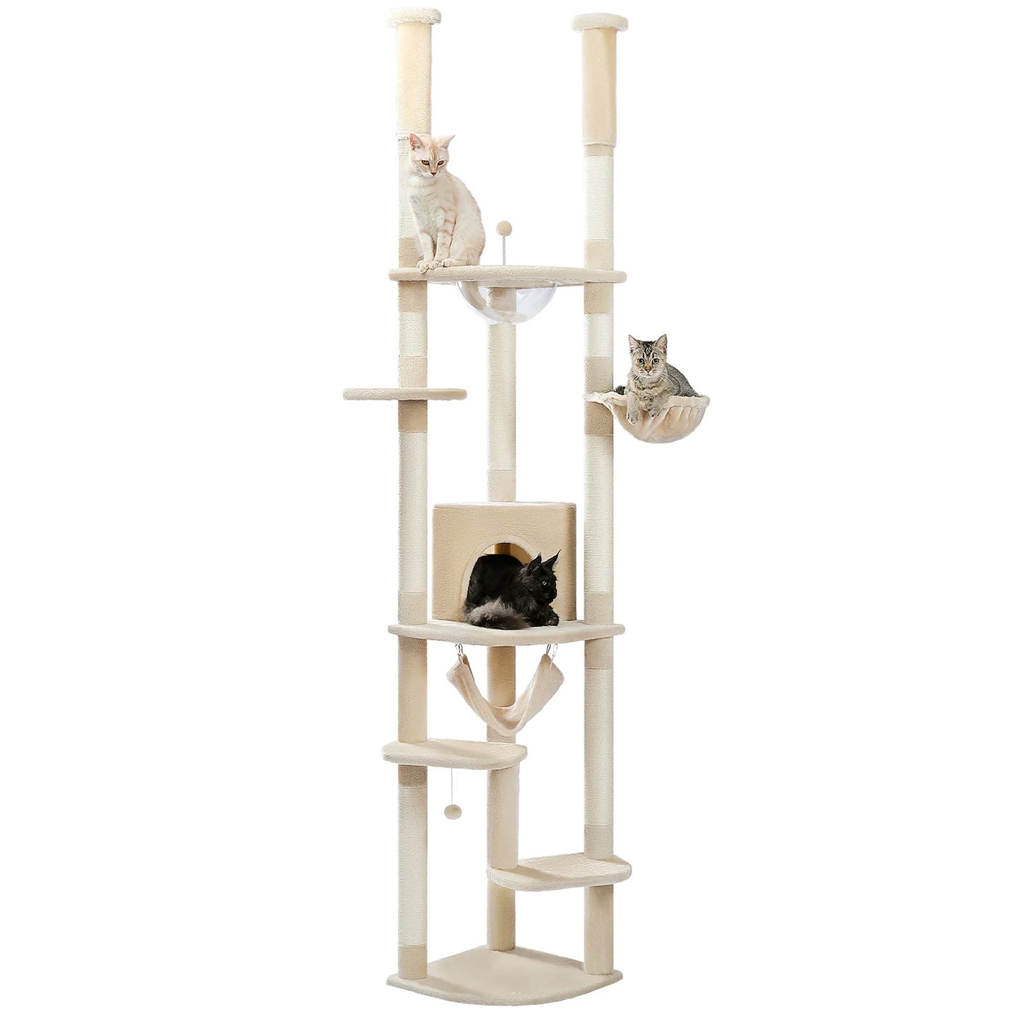 Floor to Ceiling Cat Tree with Sisal Scratching Posts Cozy Condo Hammock Adjustable Height Tall Cat Tower for Indoor Cat Toys