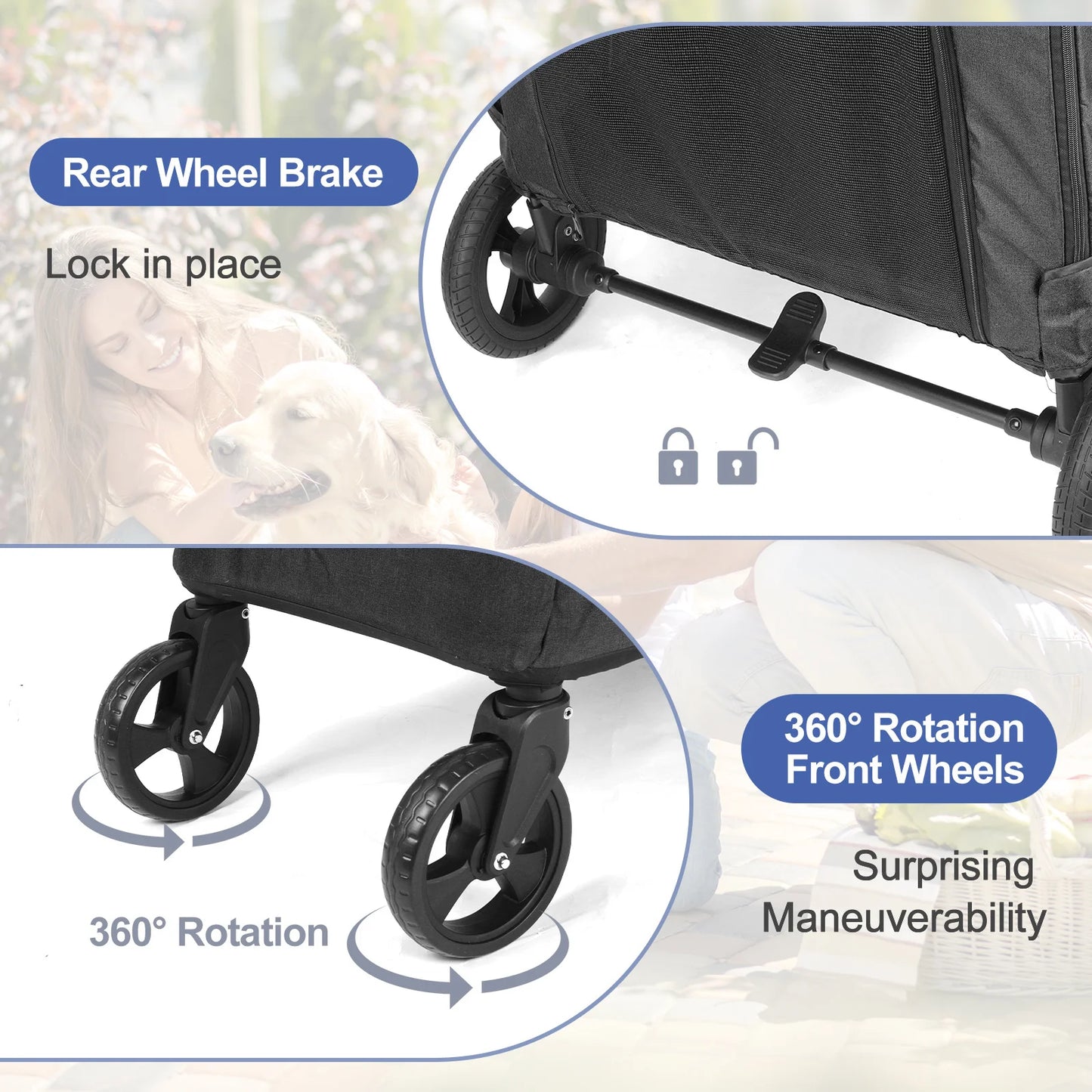Large Pet Stroller for Large Sized Dog or Multiple Small Dogs,Folding Frame,for Dogs Up to 120lbs,Handle-Adjustable