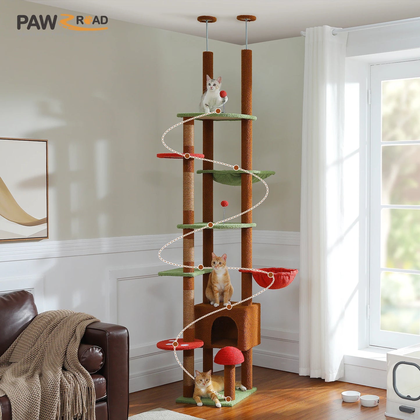 Floor to Ceiling Cat Tree with Sisal Scratching Posts Cozy Condo Hammock Adjustable Height Tall Cat Tower for Indoor Cat Toys