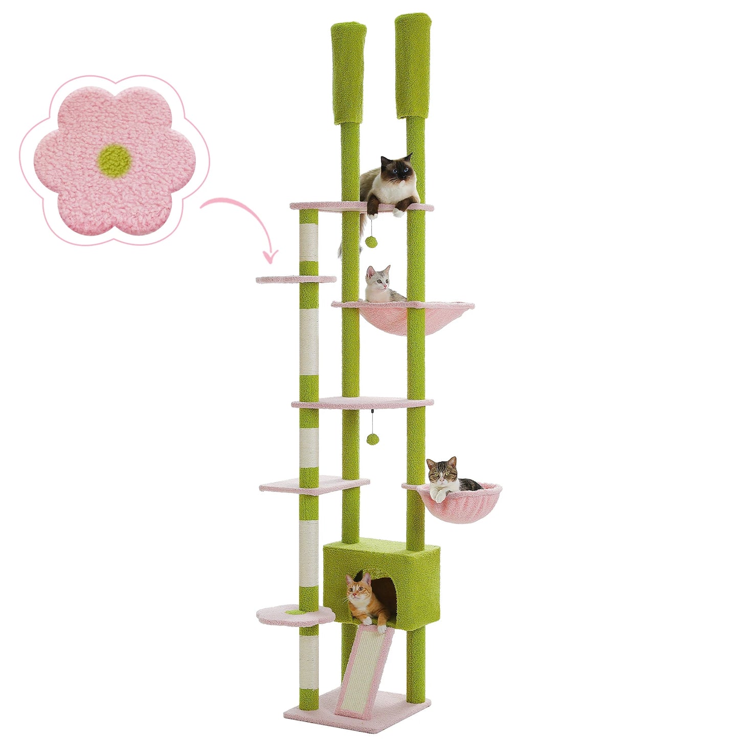 Floor to Ceiling Cat Tree with Sisal Scratching Posts Cozy Condo Hammock Adjustable Height Tall Cat Tower for Indoor Cat Toys