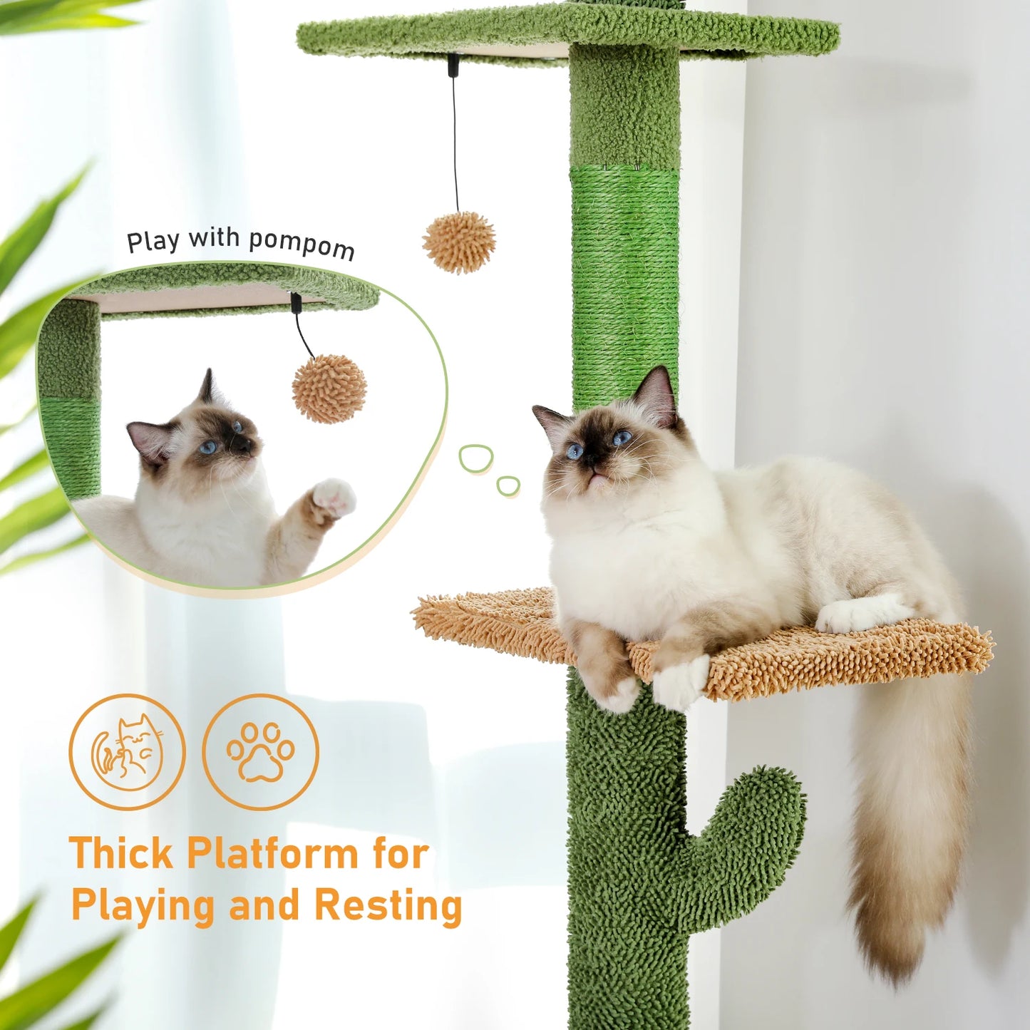Adjustable Height Cat Tree for Indoor, Floor to Ceiling Cat Tower with Scratching Posts, Cat Condo, Hammock and Dangling Balls