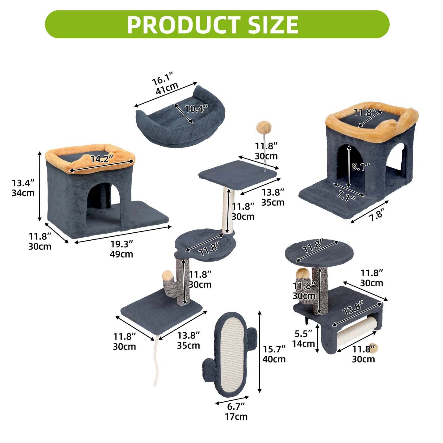 YITAHOME Dark Grey & Yellow 7-Piece Cat Climbing Set - Plush Towers with House, Hammock & Hanging Ball