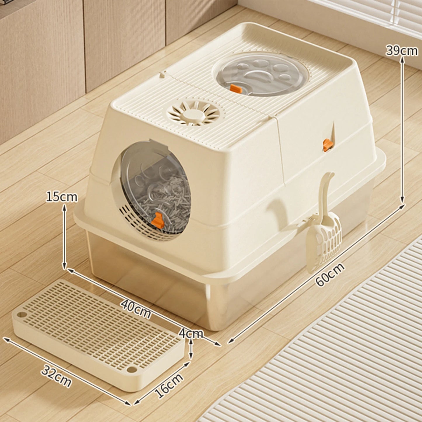 Enclosed Stainless Steel Cat Litter Box With Lid Front And Top Door Large Cat Toilet With Sand Filter Pedal & Litter Scoop