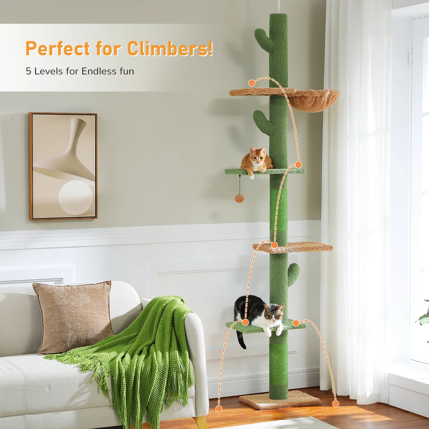 Adjustable Height Cat Tree for Indoor, Floor to Ceiling Cat Tower with Scratching Posts, Cat Condo, Hammock and Dangling Balls