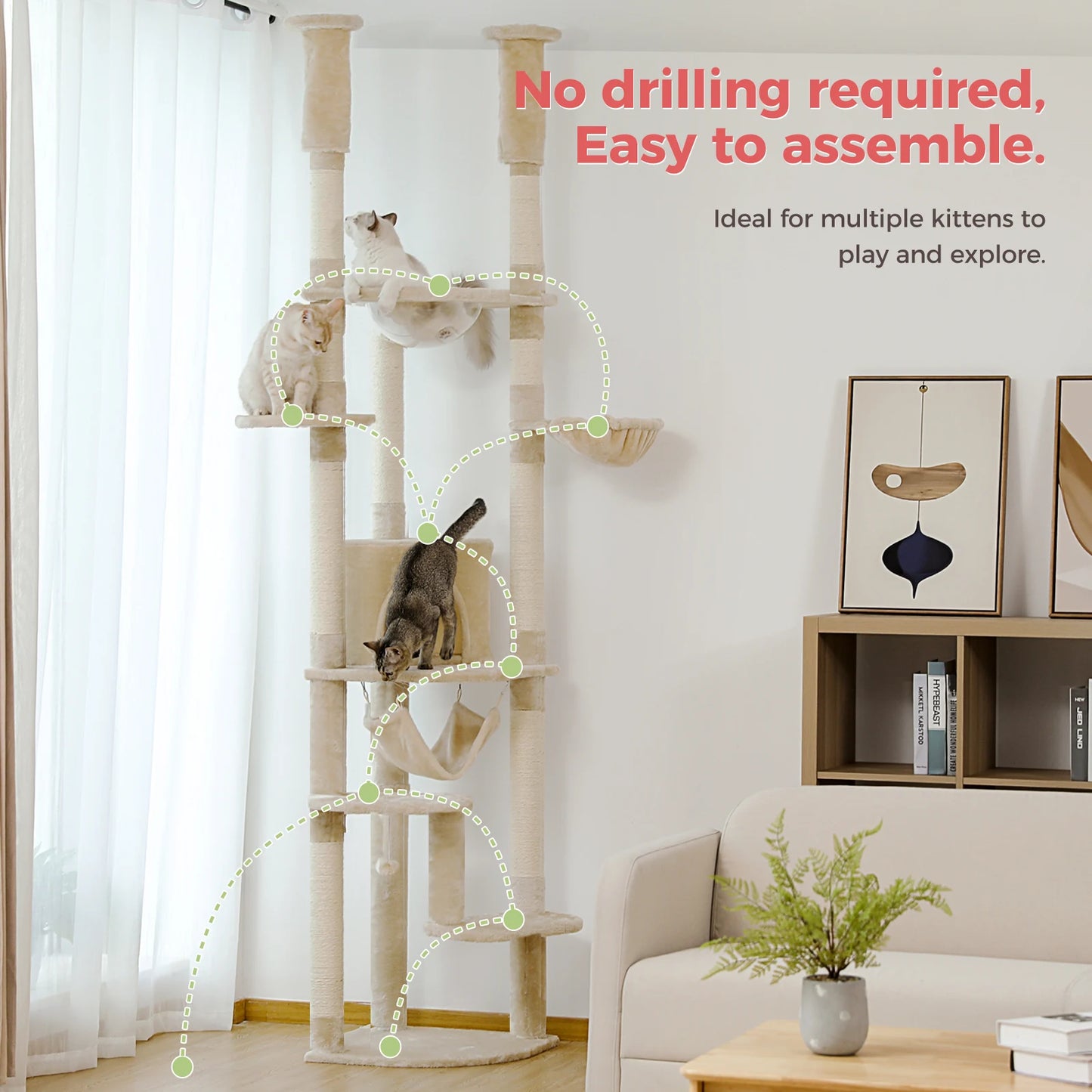 Floor to Ceiling Cat Tree with Sisal Scratching Posts Cozy Condo Hammock Adjustable Height Tall Cat Tower for Indoor Cat Toys