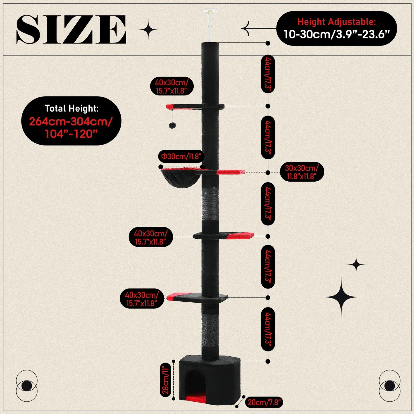 Adjustable Height Cat Tree for Indoor, Floor to Ceiling Cat Tower with Scratching Posts, Cat Condo, Hammock and Dangling Balls