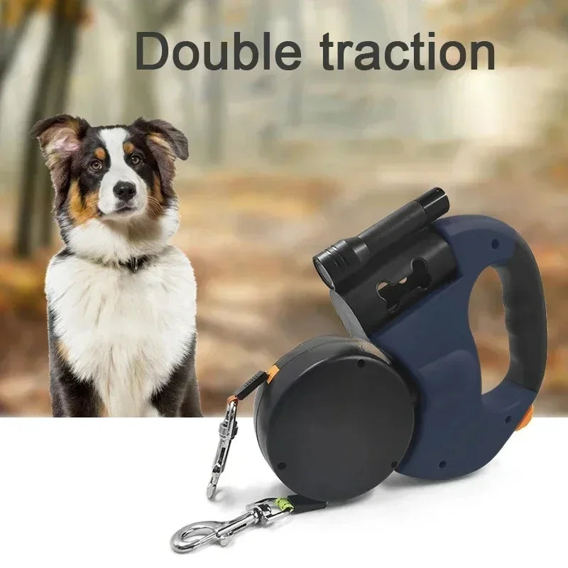 Dual Dog Rope Leash with Light Retractable Double Pet Traction Rope Belt Portable Rotation Pet Rope Supply for 2 Dogs Walking