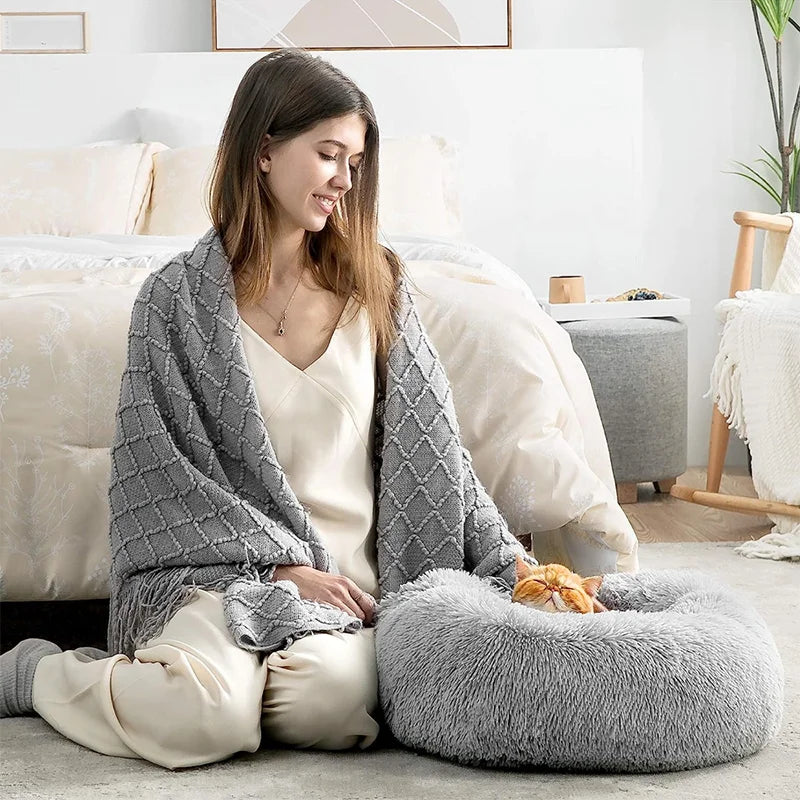 50-80cm Round Pet Bed Long Plush Cat House Dog Bed for Medium Dogs Soft Cat Nest Kennel Dog Mattress Pet Supplies