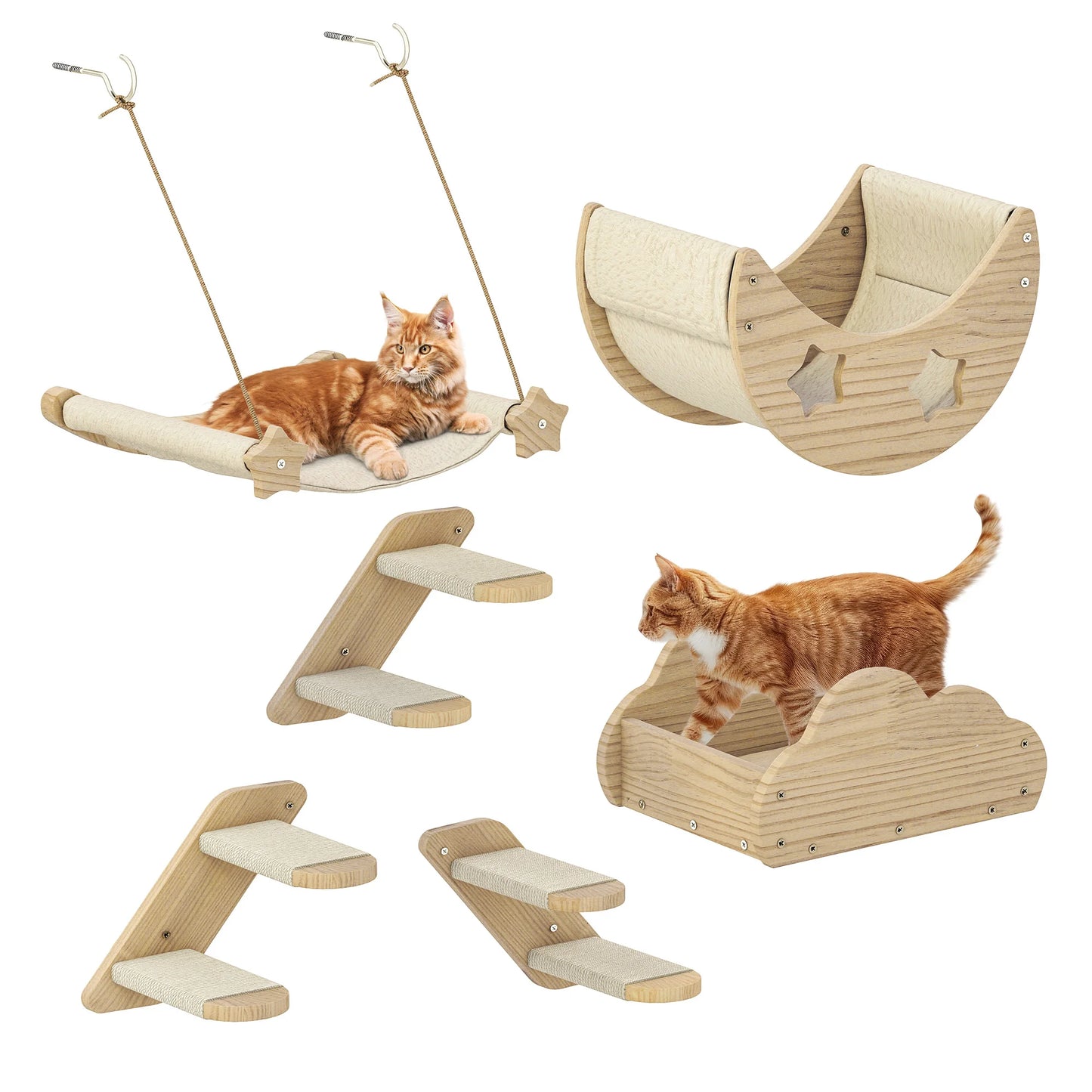 YITAHOME 6-Piece Solid Wood Cat Climbing Wall - 3 Stairs, 2 Beds & Flannel Hammock for Play/Sleep/Lounge