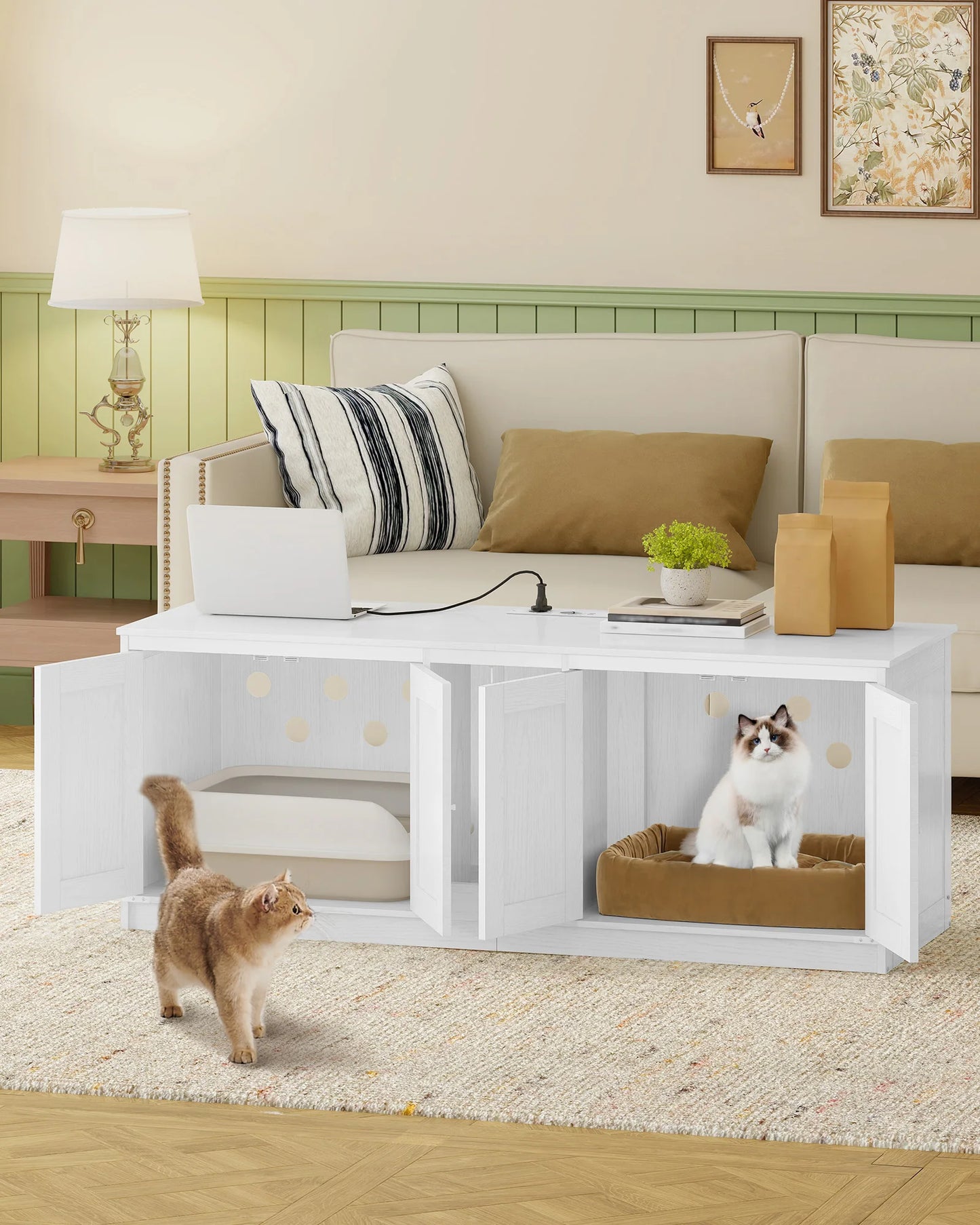 Hzuaneri Cat Cabinet with USB Ports and Sockets, Cat  Box  Hidden Cat Litter Tray for 2 Cats, Indoor Cat House with Cat Bell