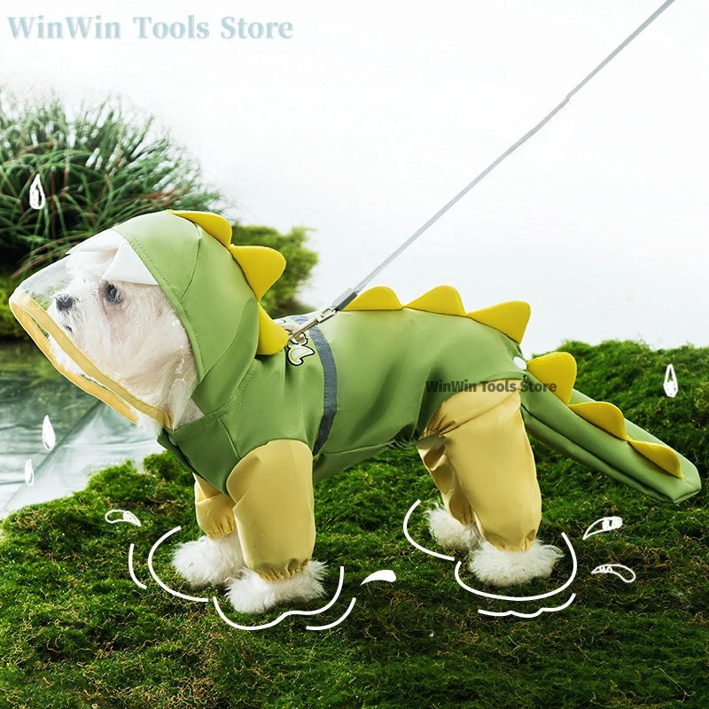 Summer Outdoor Dog Pet Raincoat Four Leg Full Pack Dinosaur Style Package Tail Hoodie Waterproof Jacket Raincoat Dog Cat Clothin