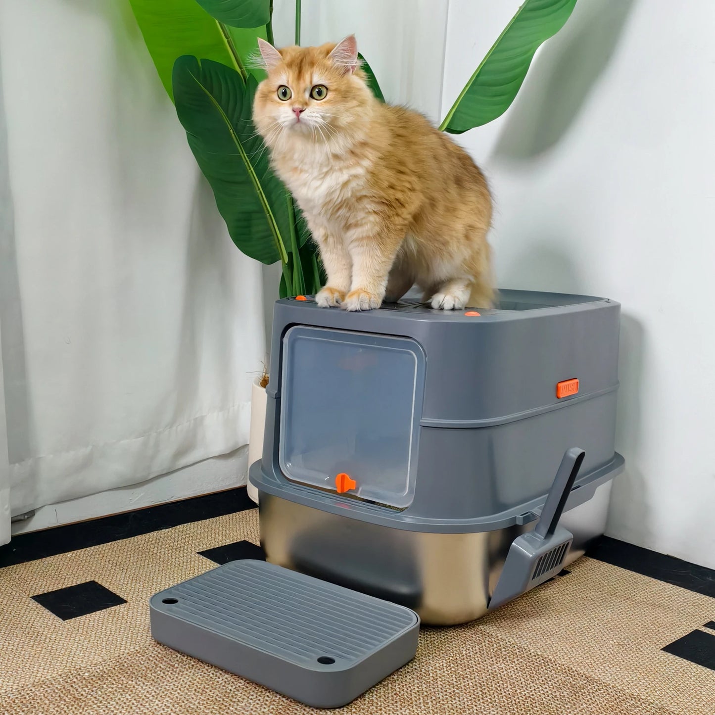 Enclosed Stainless Steel Cat Litter Box with Lid Extra Large for Big Cats Kitty Metal Litter Pan Tray High Wall Sides