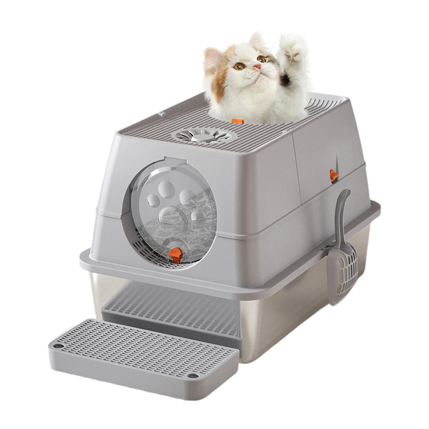 Enclosed Stainless Steel Cat Litter Box With Lid Front And Top Door Large Cat Toilet With Sand Filter Pedal & Litter Scoop