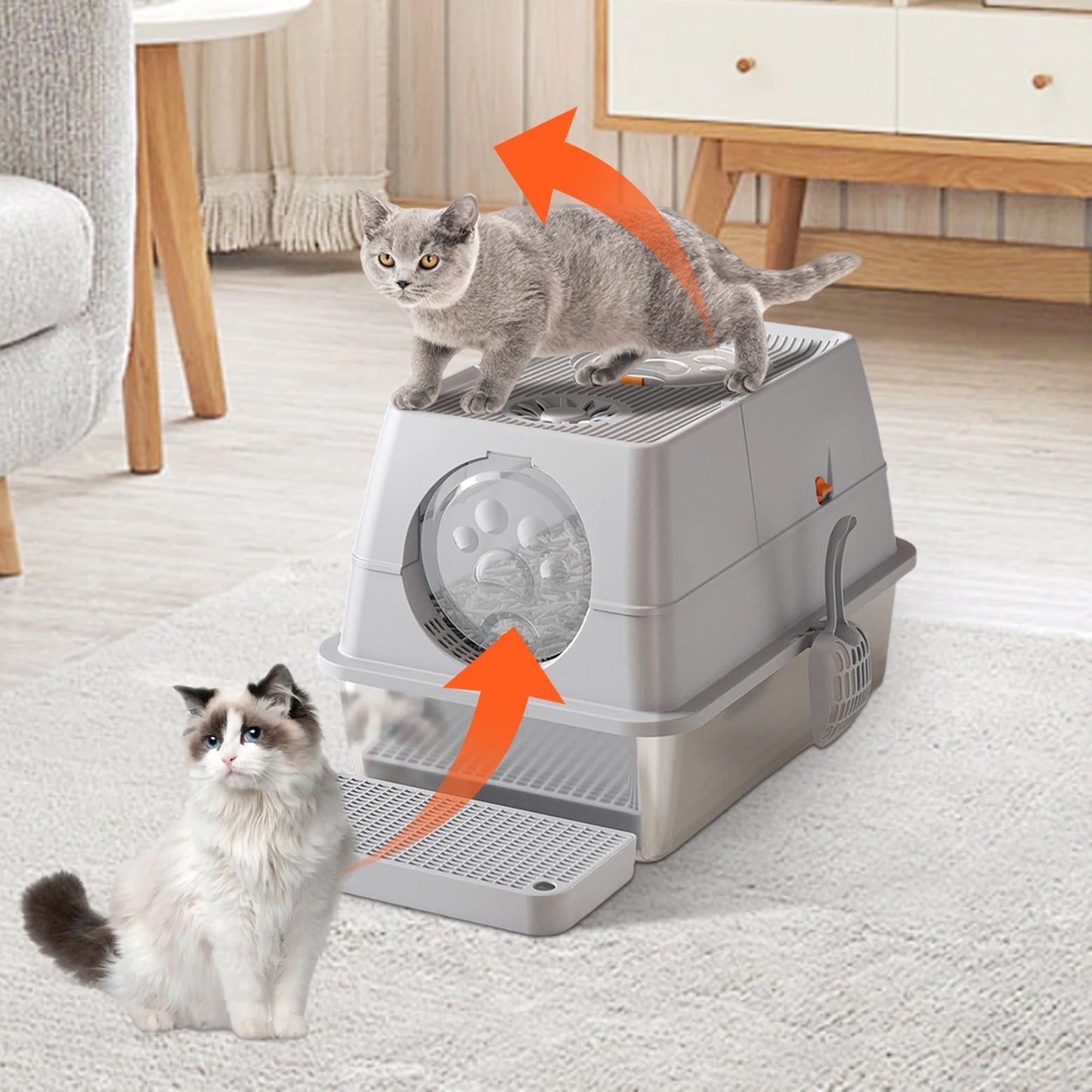 Enclosed Stainless Steel Cat Litter Box With Lid Front And Top Door Large Cat Toilet With Sand Filter Pedal & Litter Scoop