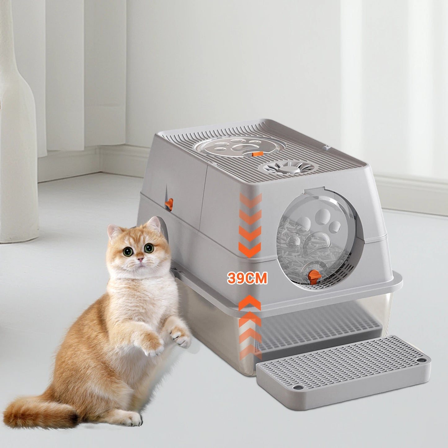 Enclosed Stainless Steel Cat Litter Box With Lid Front And Top Door Large Cat Toilet With Sand Filter Pedal & Litter Scoop