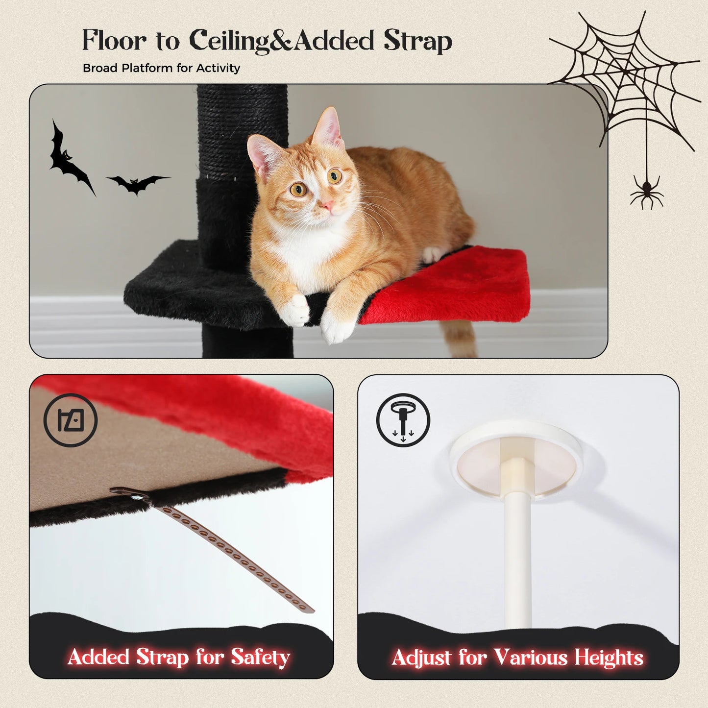 Adjustable Height Cat Tree for Indoor, Floor to Ceiling Cat Tower with Scratching Posts, Cat Condo, Hammock and Dangling Balls