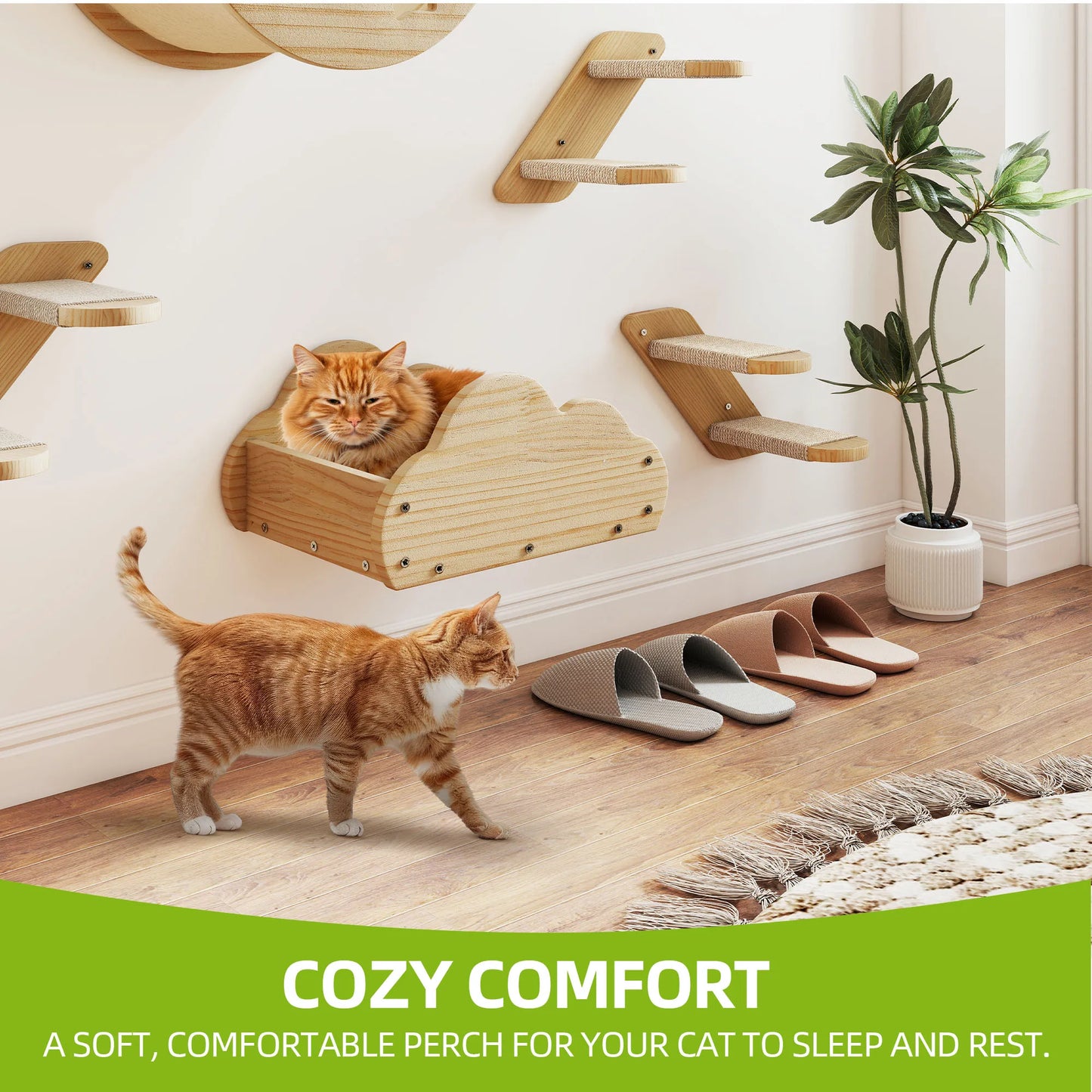 YITAHOME 6-Piece Solid Wood Cat Climbing Wall - 3 Stairs, 2 Beds & Flannel Hammock for Play/Sleep/Lounge