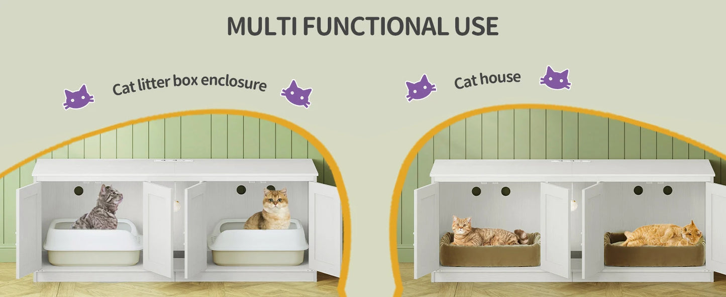 Hzuaneri Cat Cabinet with USB Ports and Sockets, Cat  Box  Hidden Cat Litter Tray for 2 Cats, Indoor Cat House with Cat Bell