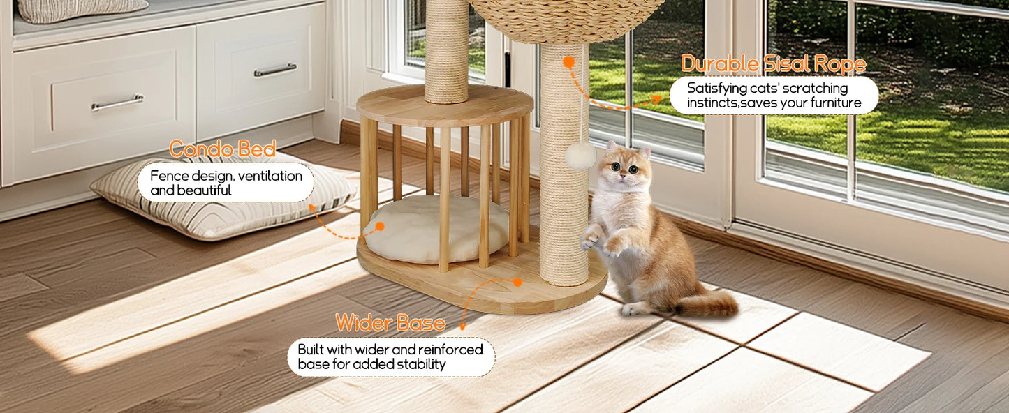 3-Tier Cat Tree Padded Plush Napping Perches Kitten Condo Sisal Rope Scratching Posts and Hanging Toy Tower for Indoor Kitties